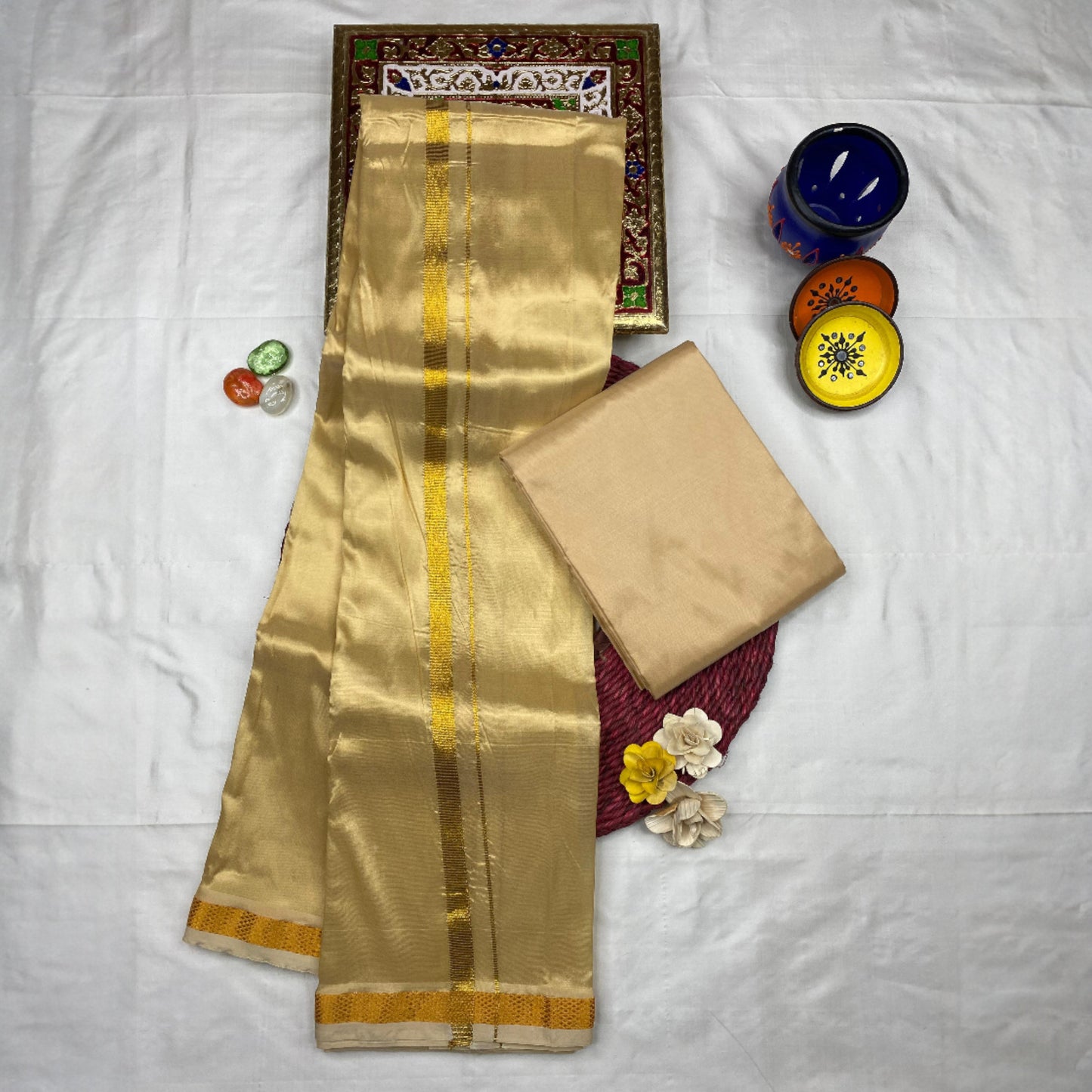 HORAD Art Silk Light Gold Shirt Material + Dhoti