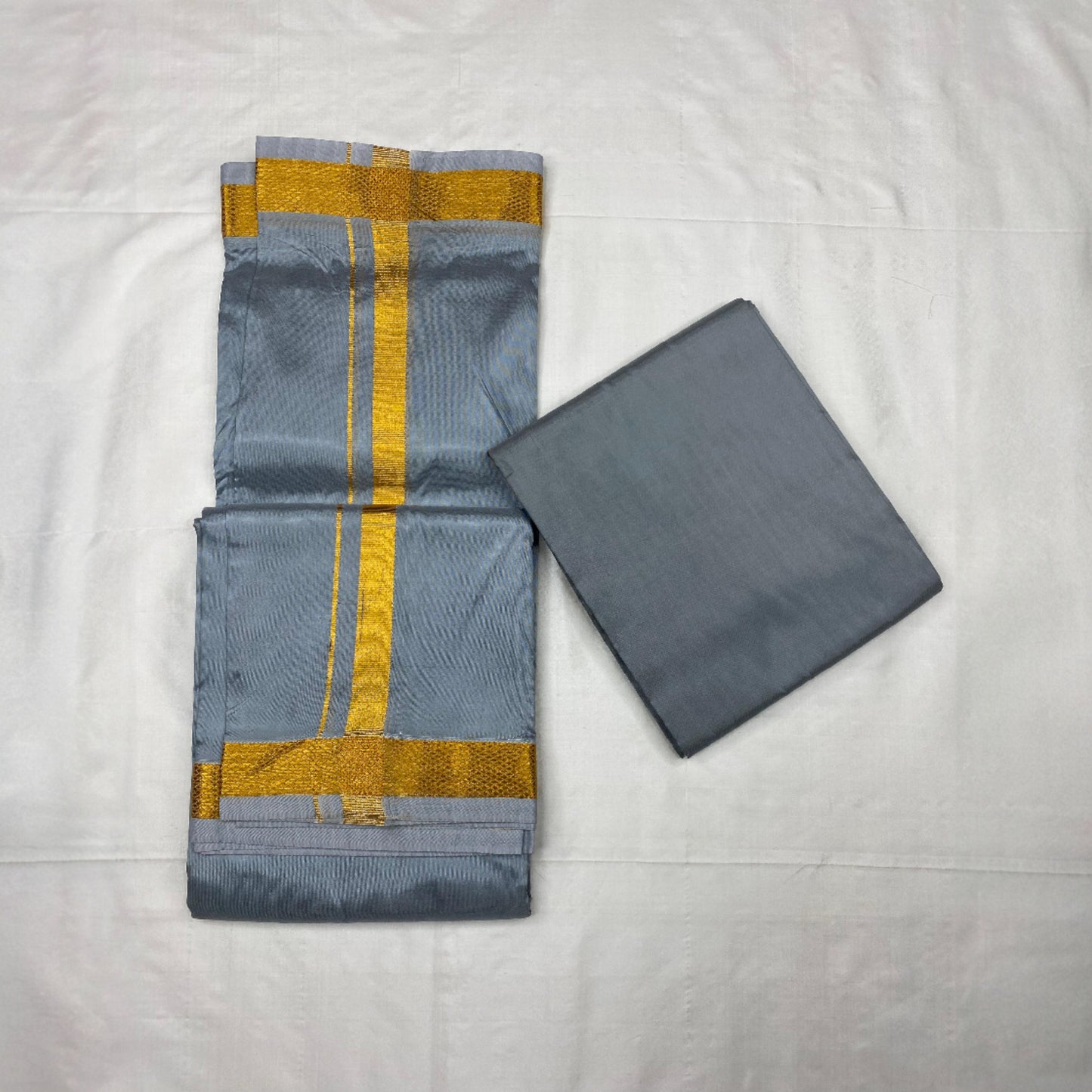 HORAD Art Silk Steel Grey Shirt Material + Gold Zari Dhoti