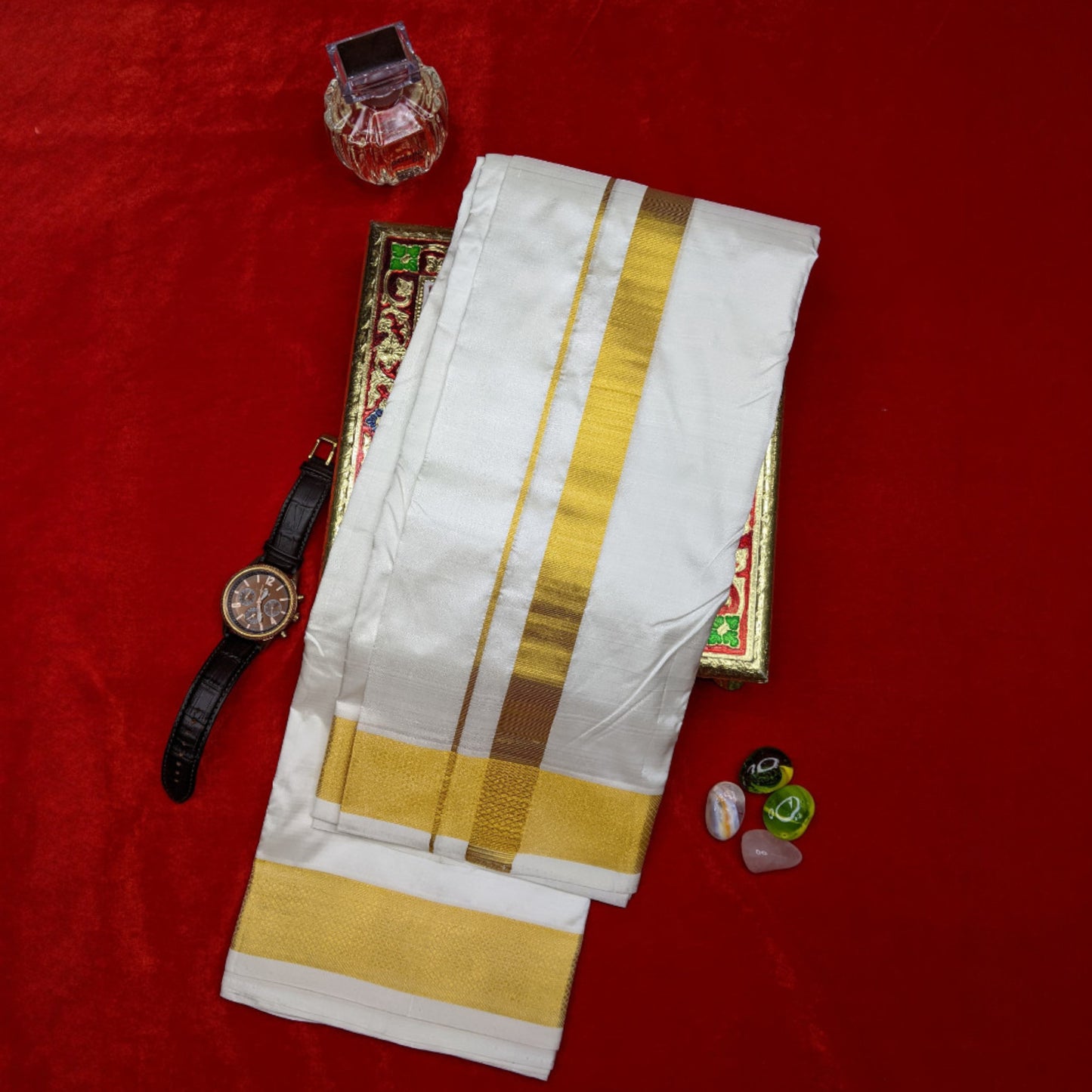 Horad Pure Silk Cream 2.00” Dhoti + Shirt Material + Angavastram (8X4)