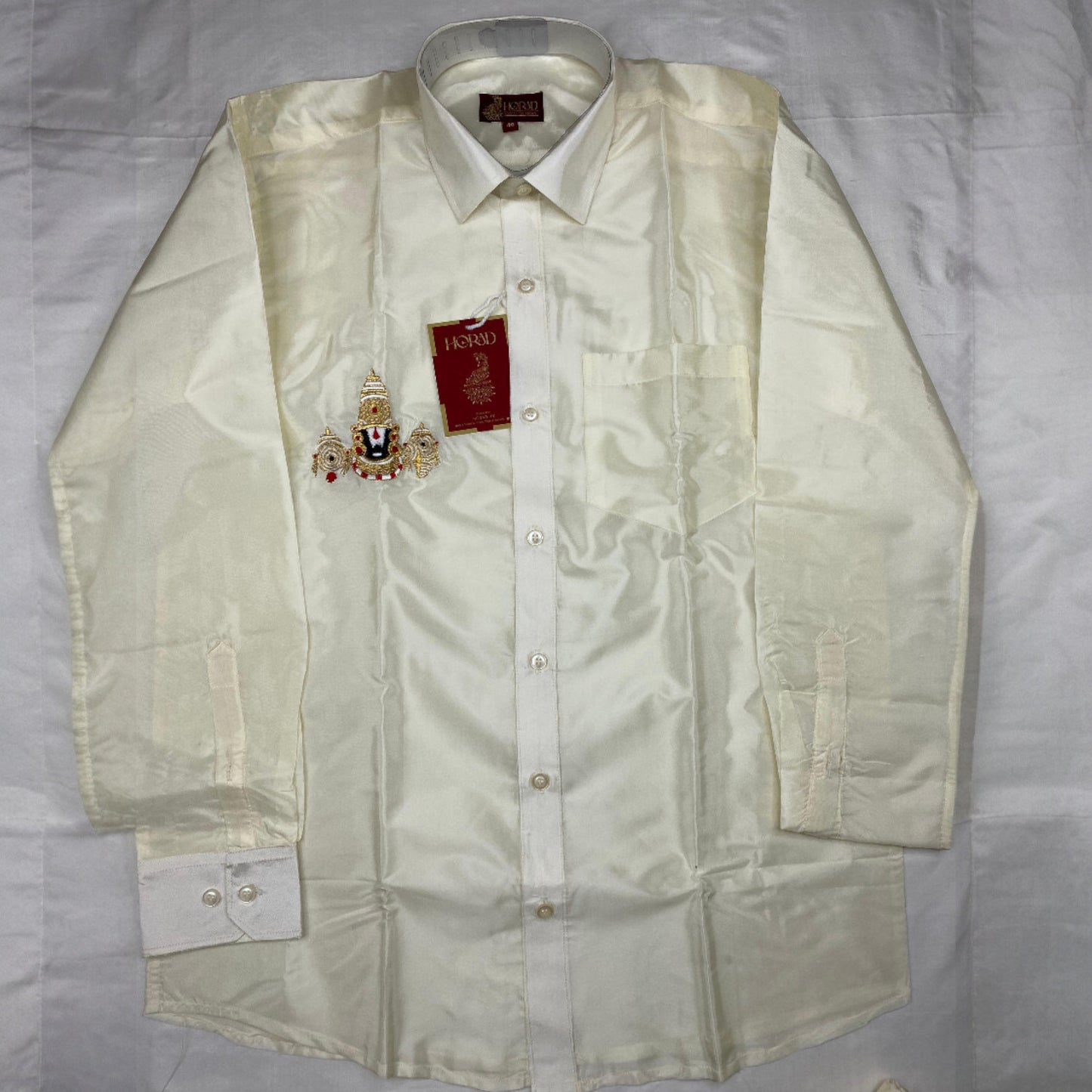 Horad Premium Art Silk Cream Balaji Embroidery Shirt + Cream with Gold Border Welcro Dhoti + Angavastram