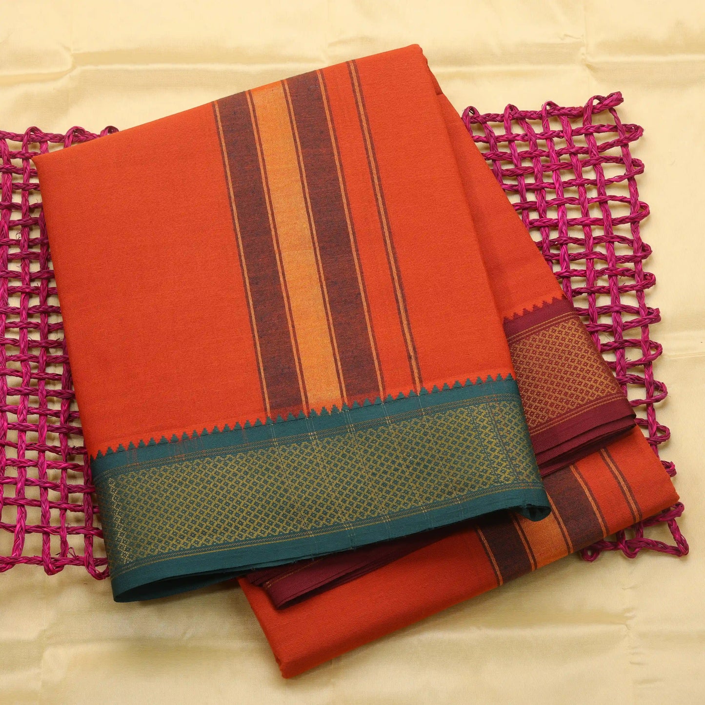 Horad Korvai Cotton Dark Orange 10 KAN Dhoti