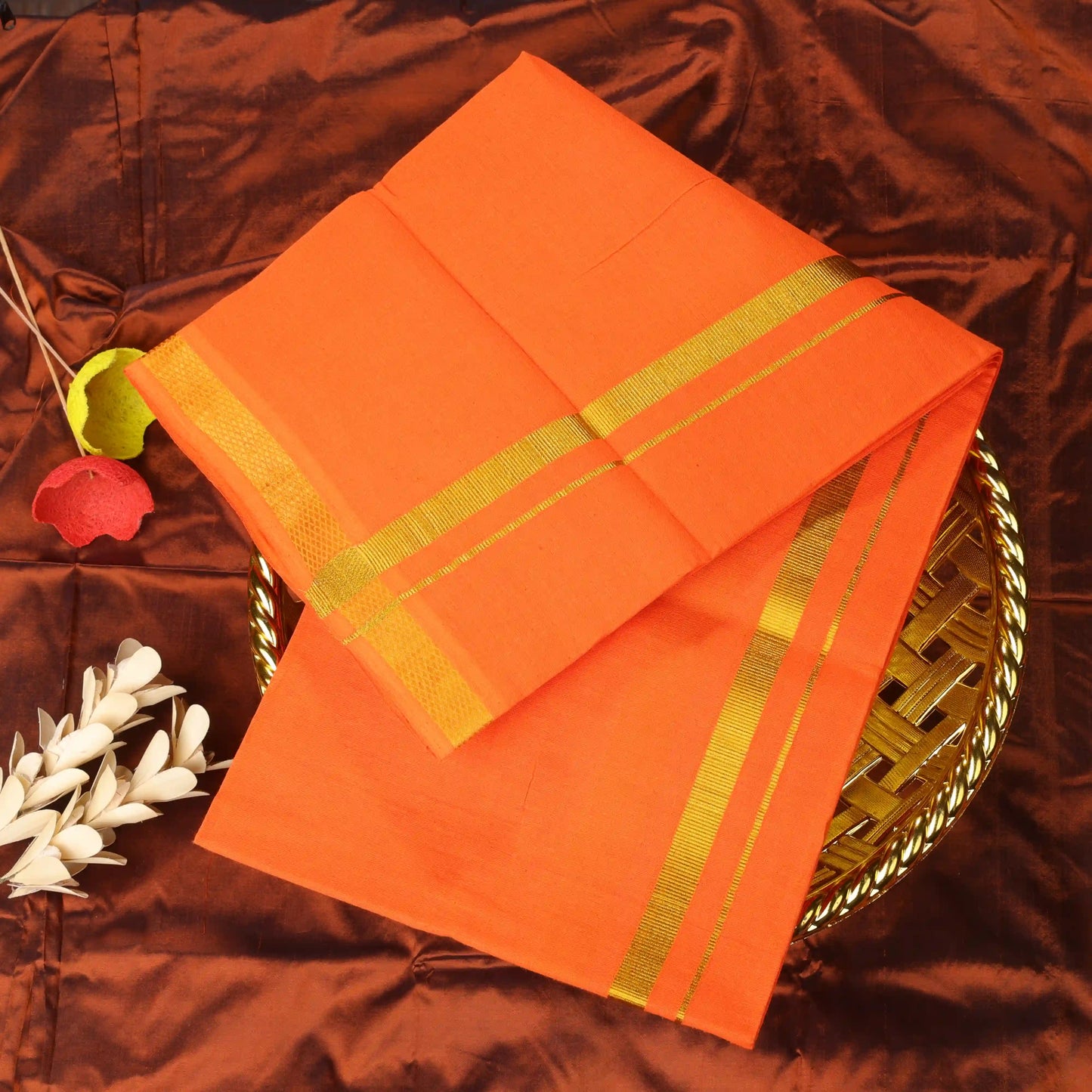 Horad Pure Cotton Gold Zari Self Light Orange 0.25" Dhoti