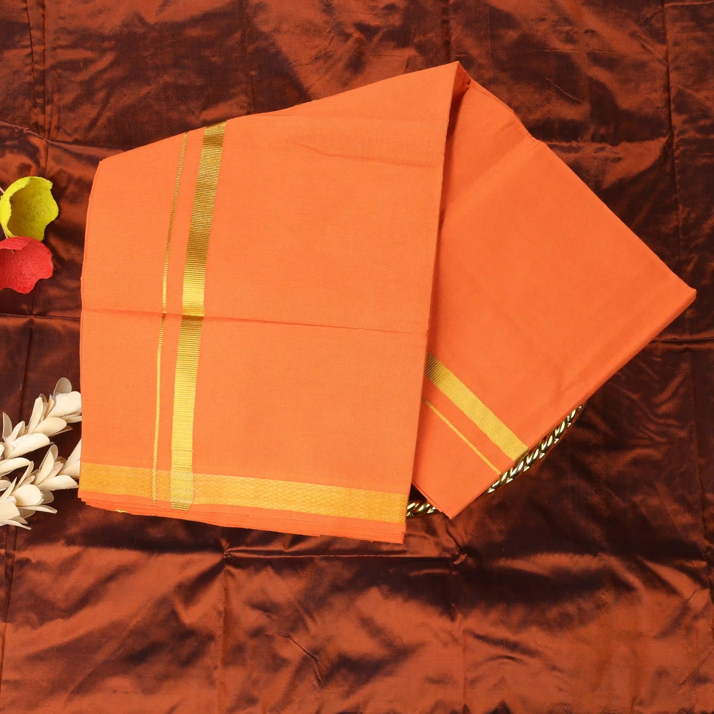 Horad Pure Cotton Gold Zari Self Light Orange 0.25" Dhoti
