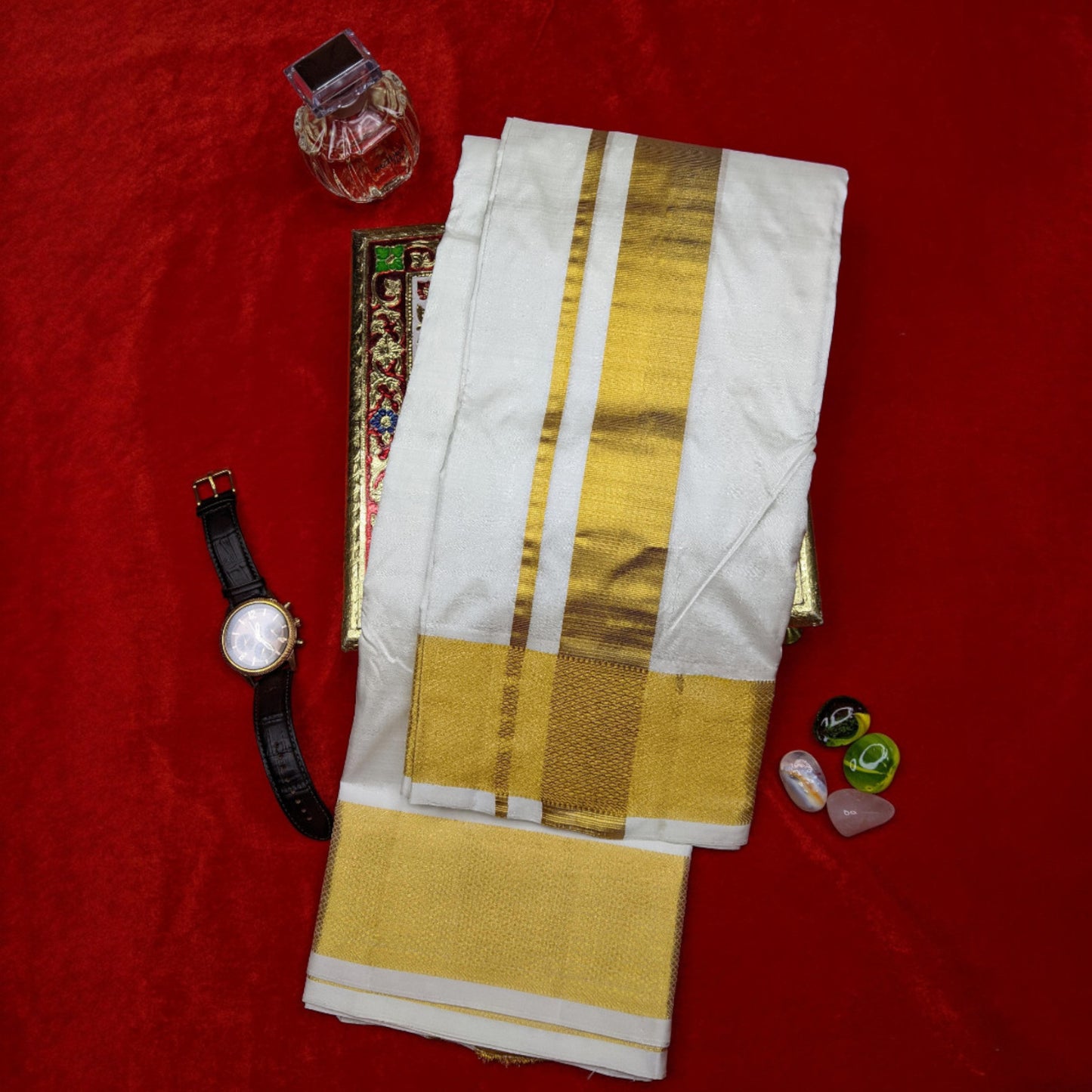 Horad Pure Silk Cream 3” Shirt Material + Dhoti + Angavastram (9X5)