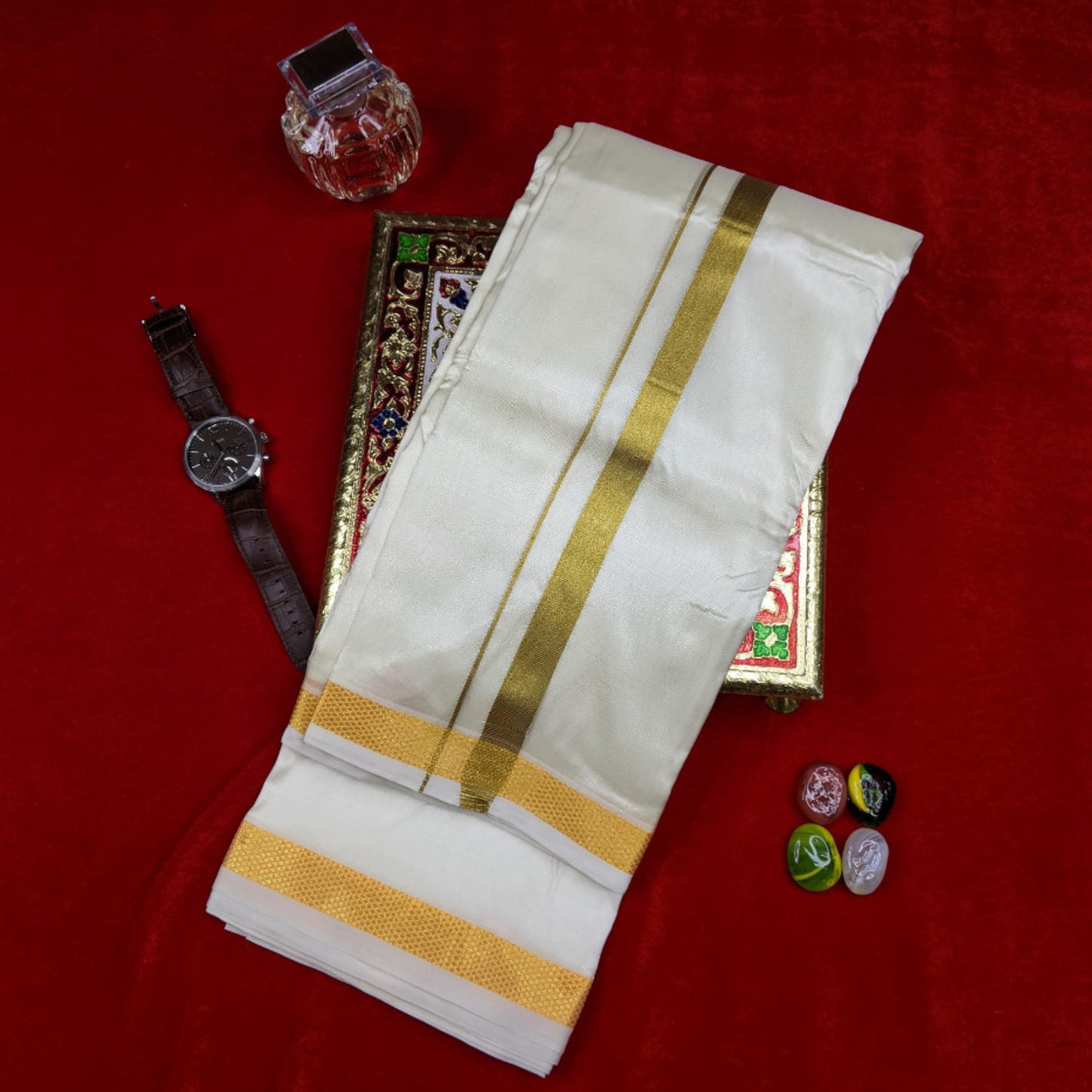 Horad Premium Art Silk Cream 0.75” Dhoti + Shirt Material