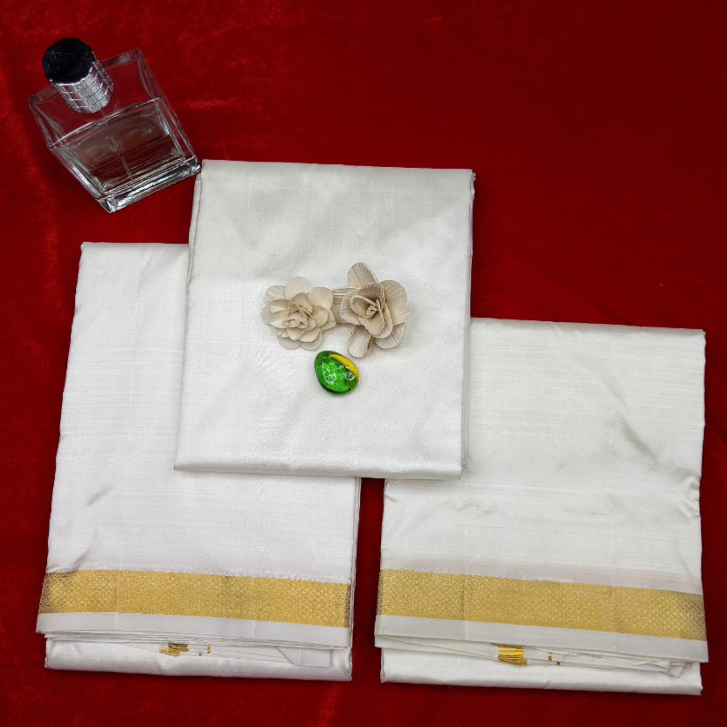Horad Silk Blend Cream 1.00” Shirt Material + Dhoti + Angavastram (9X5)