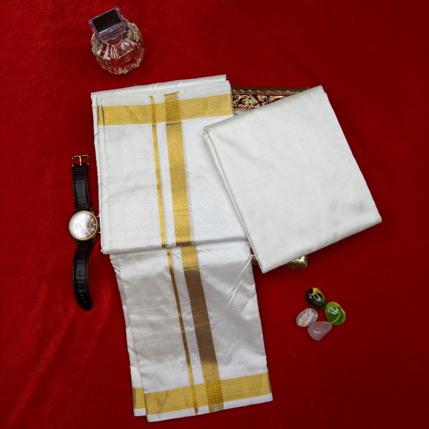 Horad Silk Blend Cream 1.00” Shirt Material + Dhoti + Angavastram (9X5)