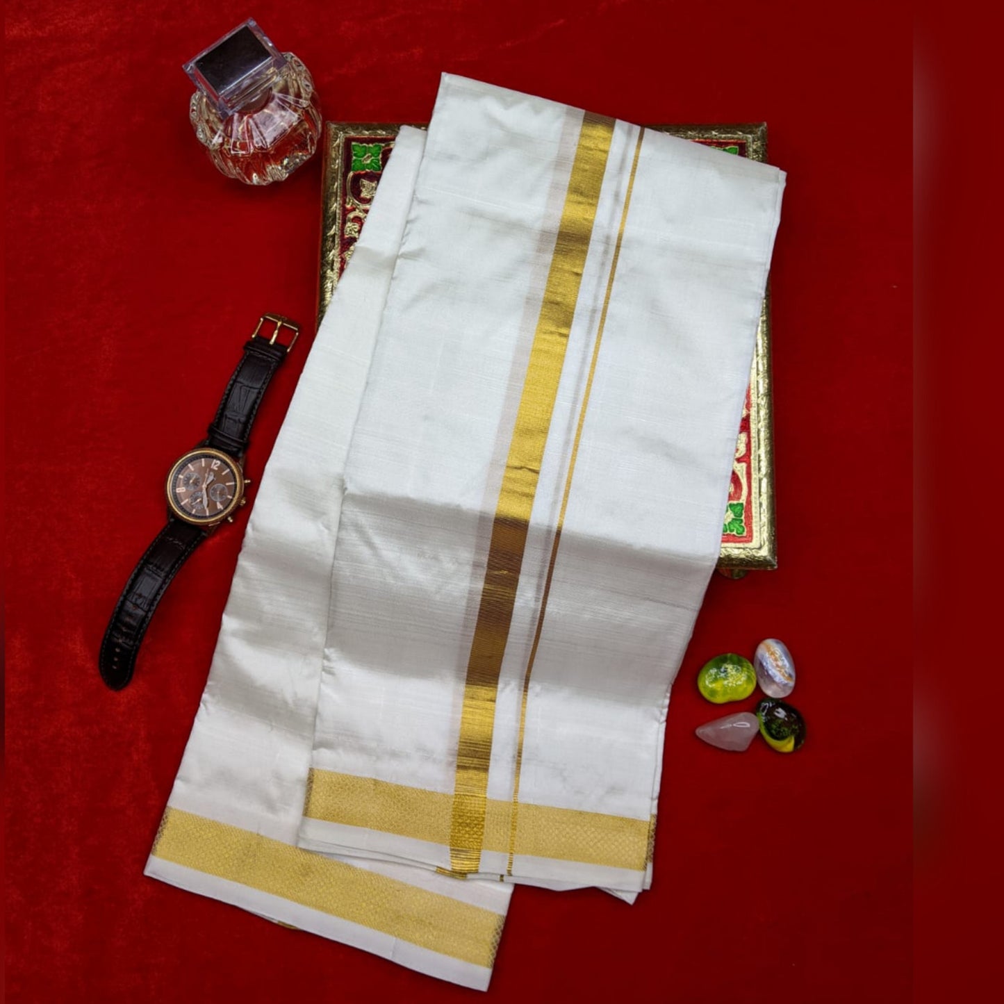 Horad Pure Silk Cream 0.75” Shirt Material + Dhoti + Angavastram (9X5)