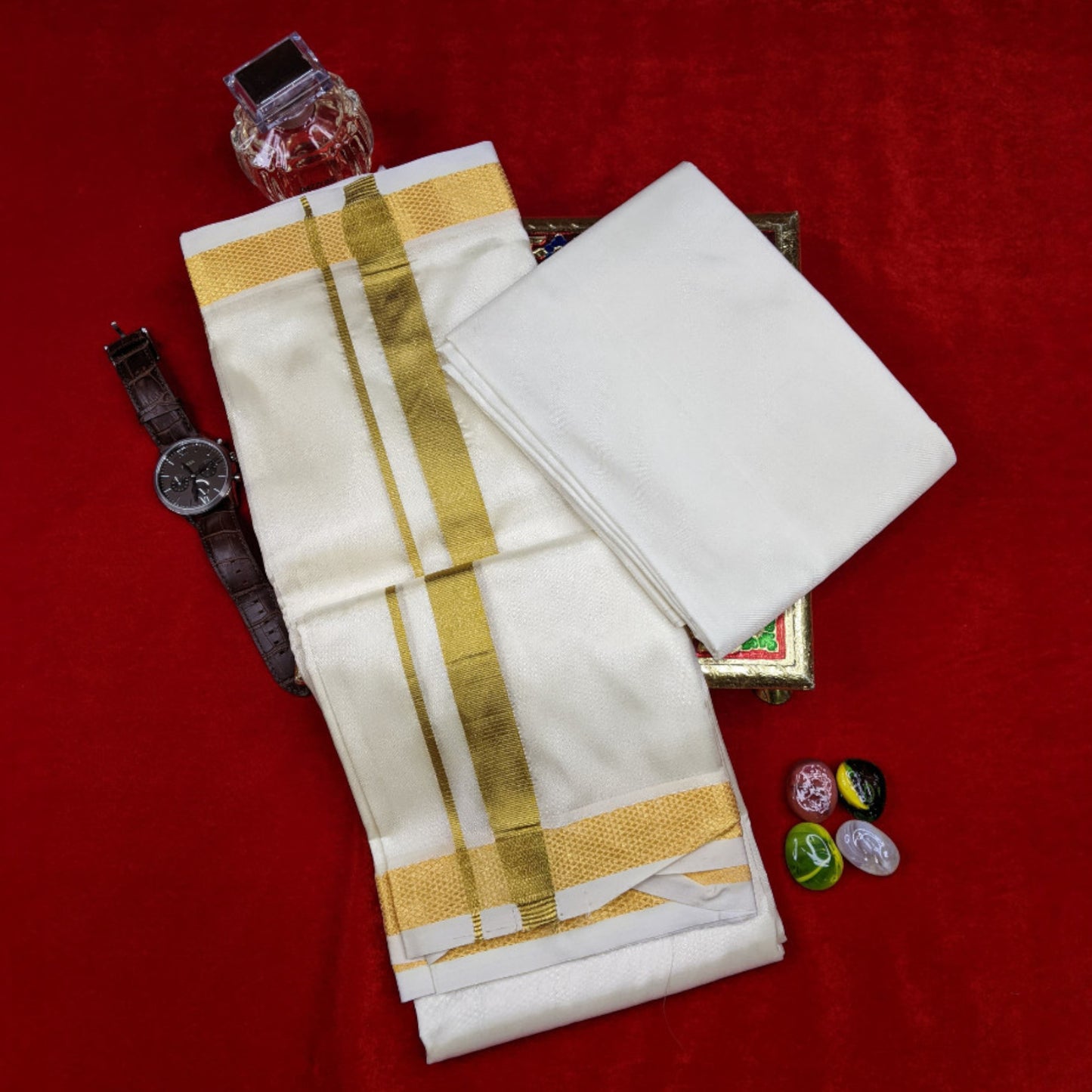 Horad Premium Art Silk Cream 1.00” Dhoti + Shirt Material