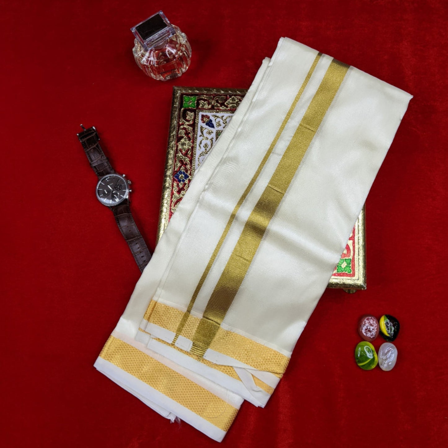 Horad Premium Art Silk Cream 1.00” Dhoti + Shirt Material