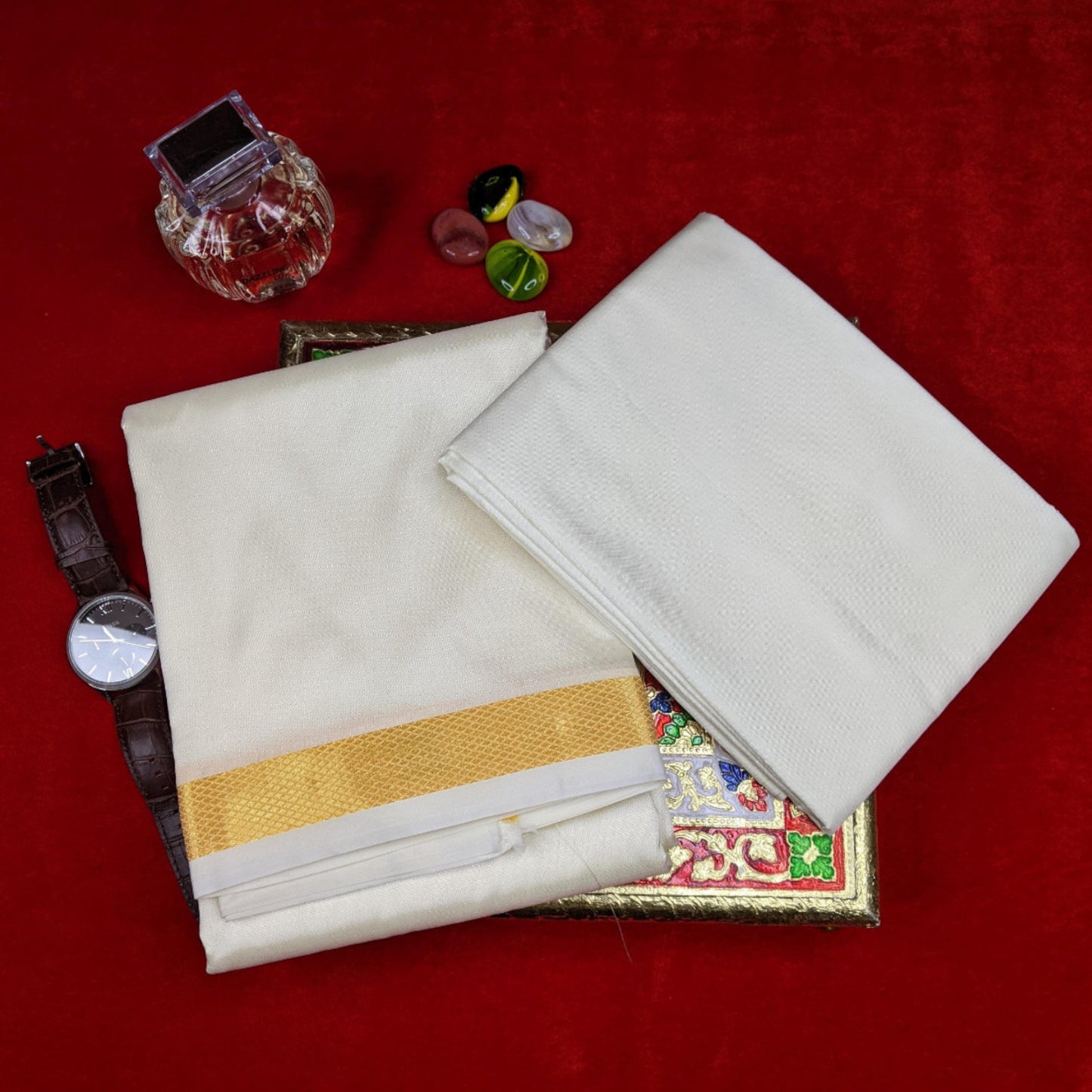 Horad Premium Art Silk Cream 1.00” Dhoti + Shirt Material