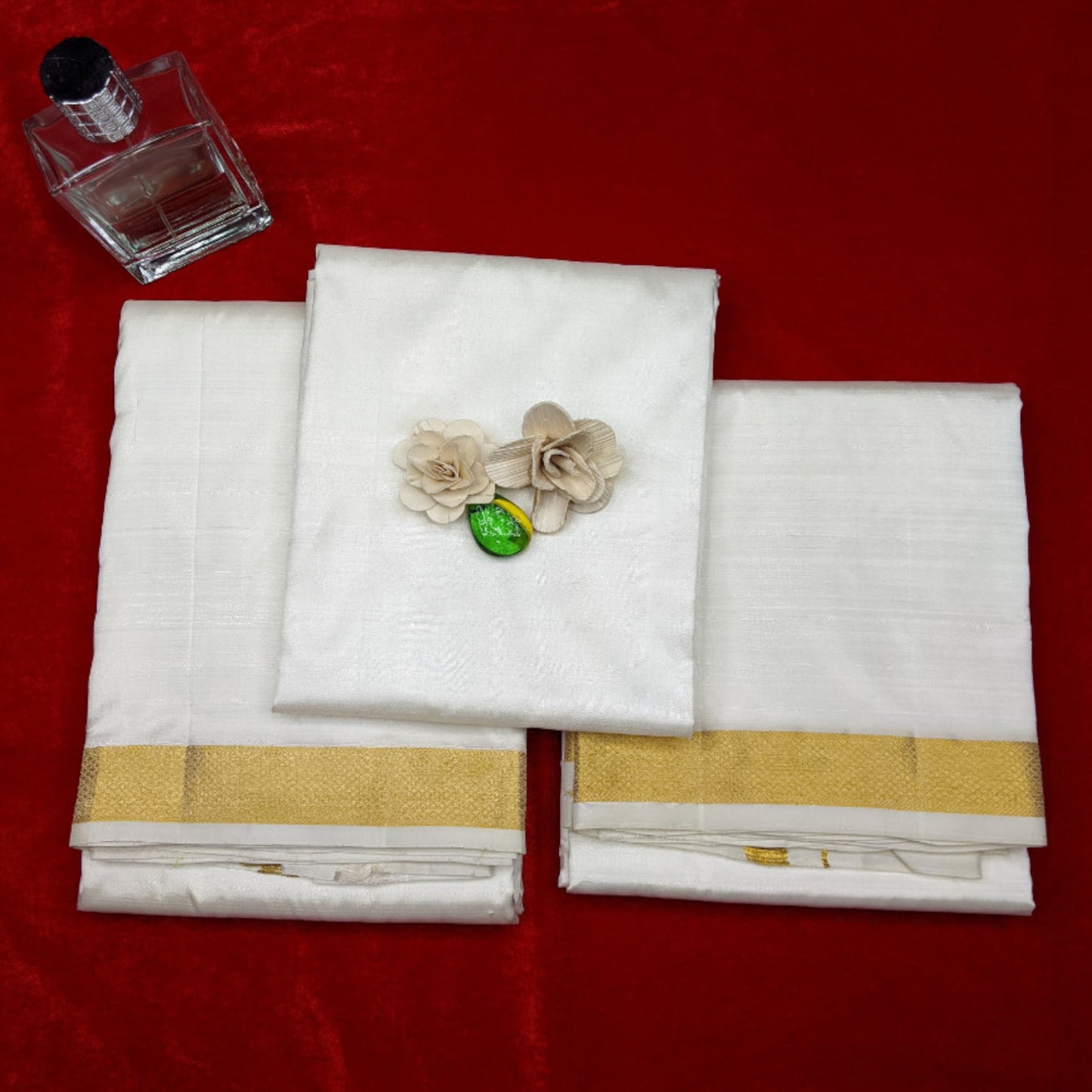 Horad Pure Silk Cream 1.25” Shirt Material + Dhoti + Angavastram (9X5)