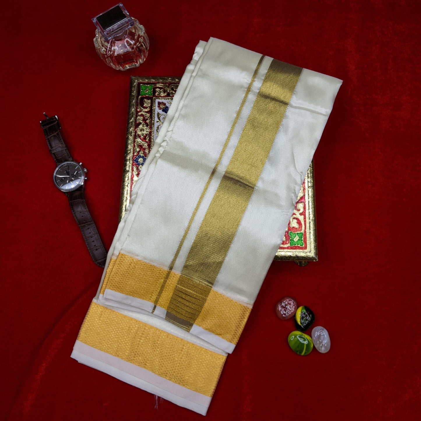 Horad Premium Art Silk Cream 1.75” Dhoti + Shirt Material
