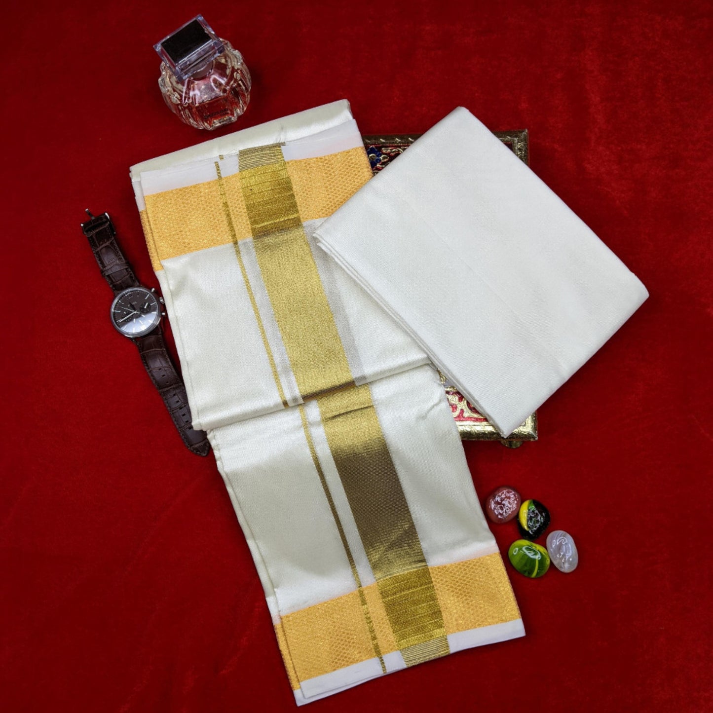 Horad Premium Art Silk Cream 1.75” Dhoti + Shirt Material