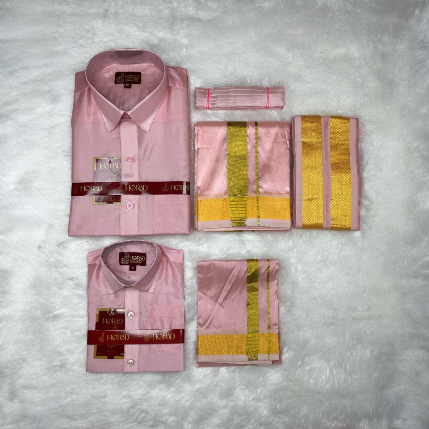 Horad Premium Art Silk Dad and Son Petal Pink Shirt + Dhoti + Angavastram + Belt