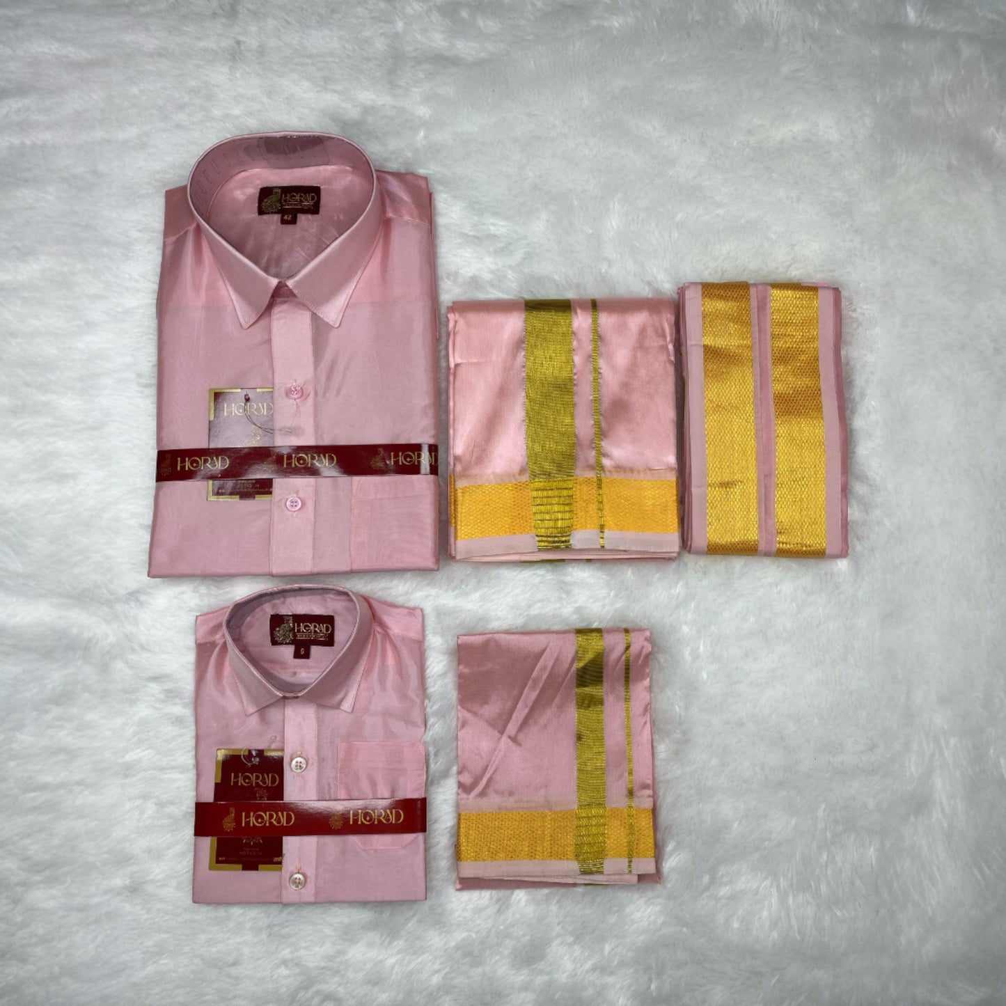 Horad Premium Art Silk Dad and Son Petal Pink Shirt + Dhoti + Angavastram