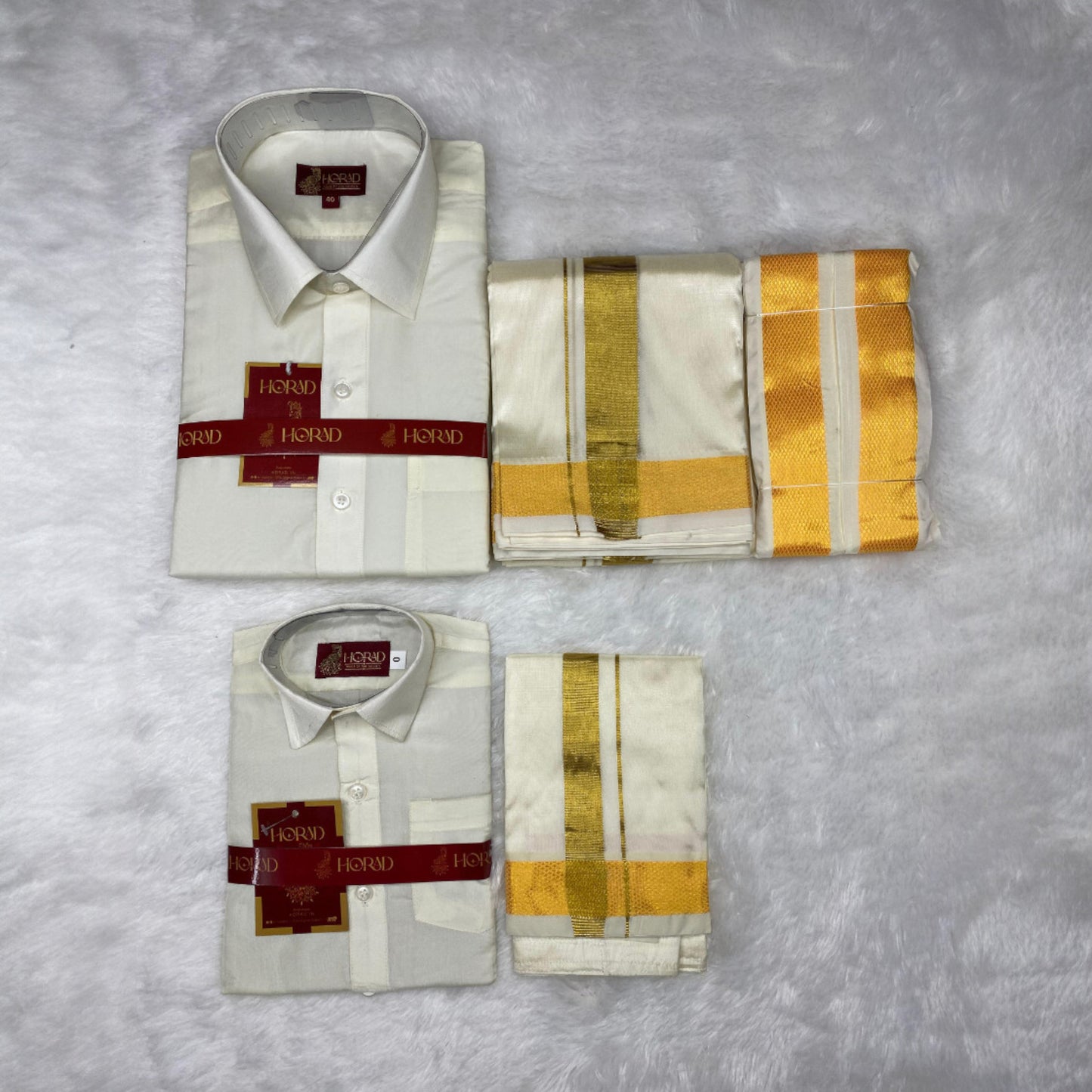 Horad Premium Art Silk Dad and Son Cream Shirt + Cream with Gold Dhoti + Angavastram