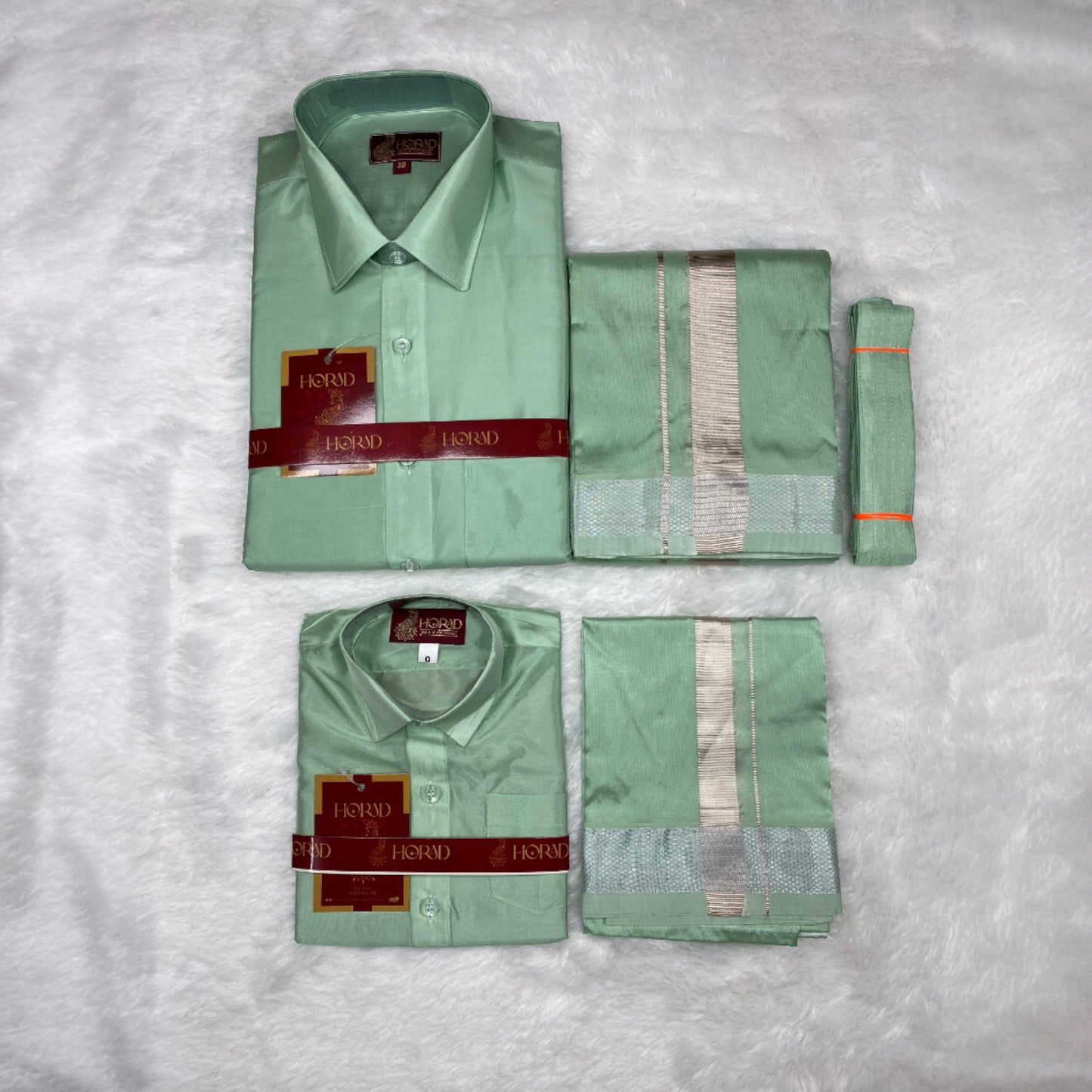 Horad Premium Art Silk Dad and Son Pista Green Shirt + Dhoti + Belt