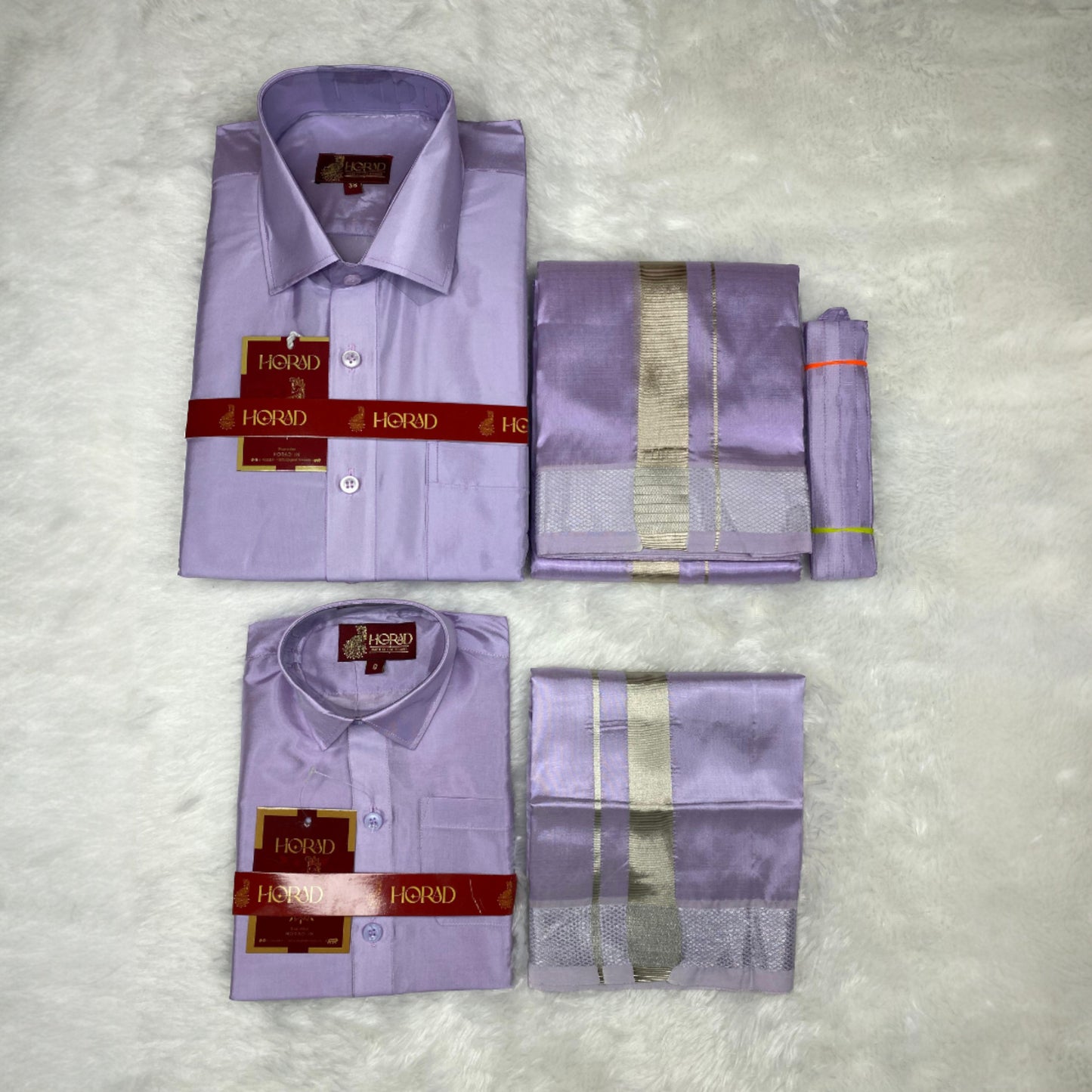 Horad Premium Art Silk Dad and Son Lavender Shirt + Dhoti + Belt