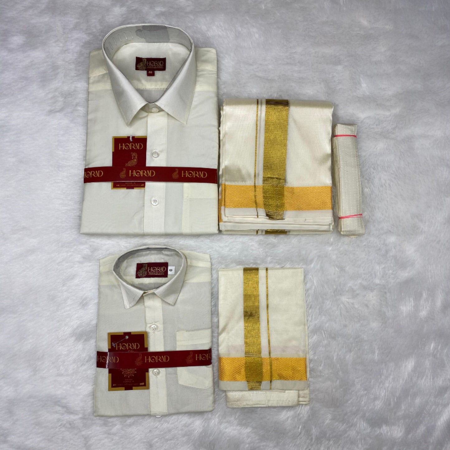 Horad Premium Art Silk Dad and Son Cream Shirt + Cream with Gold Dhoti + Belt