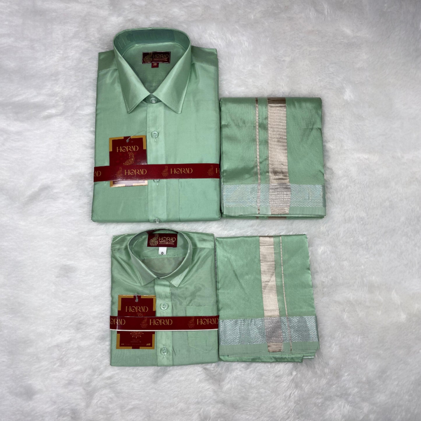 Horad Premium Art Silk Dad and Son Pista Green Shirt + Dhoti
