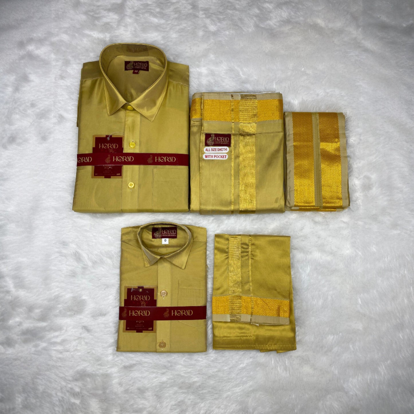 Horad Premium Art Silk Dad and Son Dark Gold Shirt + Welcro Dhoti + Angavastram