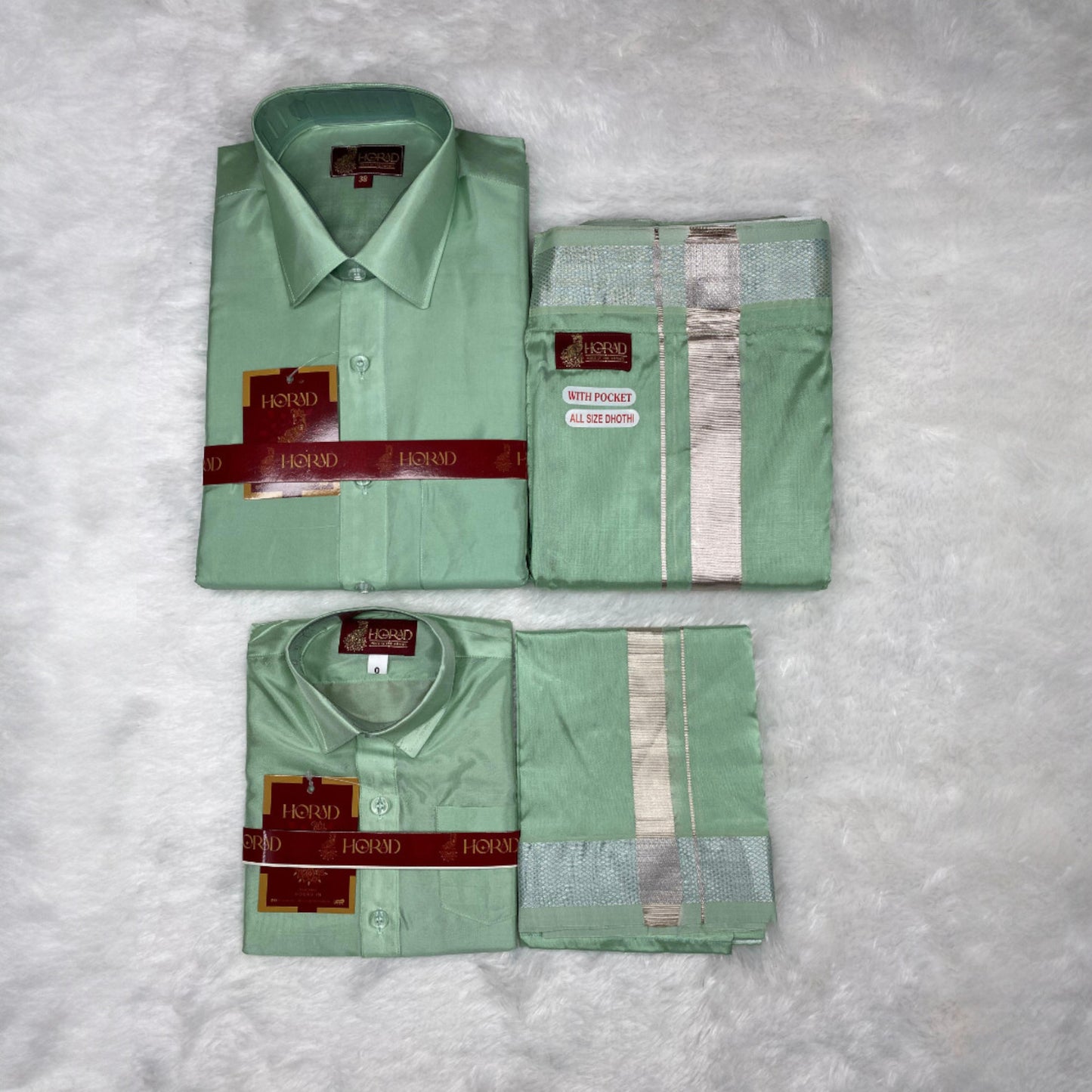 Horad Premium Art Silk Dad and Son Pista Green Shirt + Welcro Dhoti