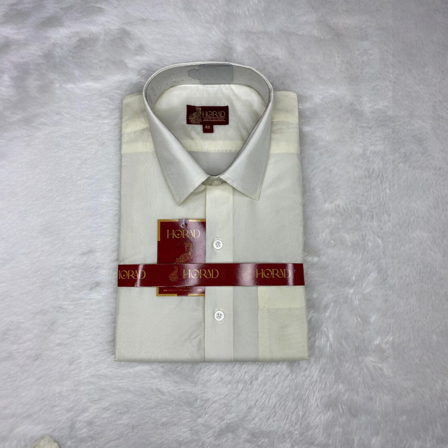 Horad Premium Art Silk Dad and Son Cream Shirt + Cream with RoseGold+Gold Border Dhoti + Angavastram + Belt