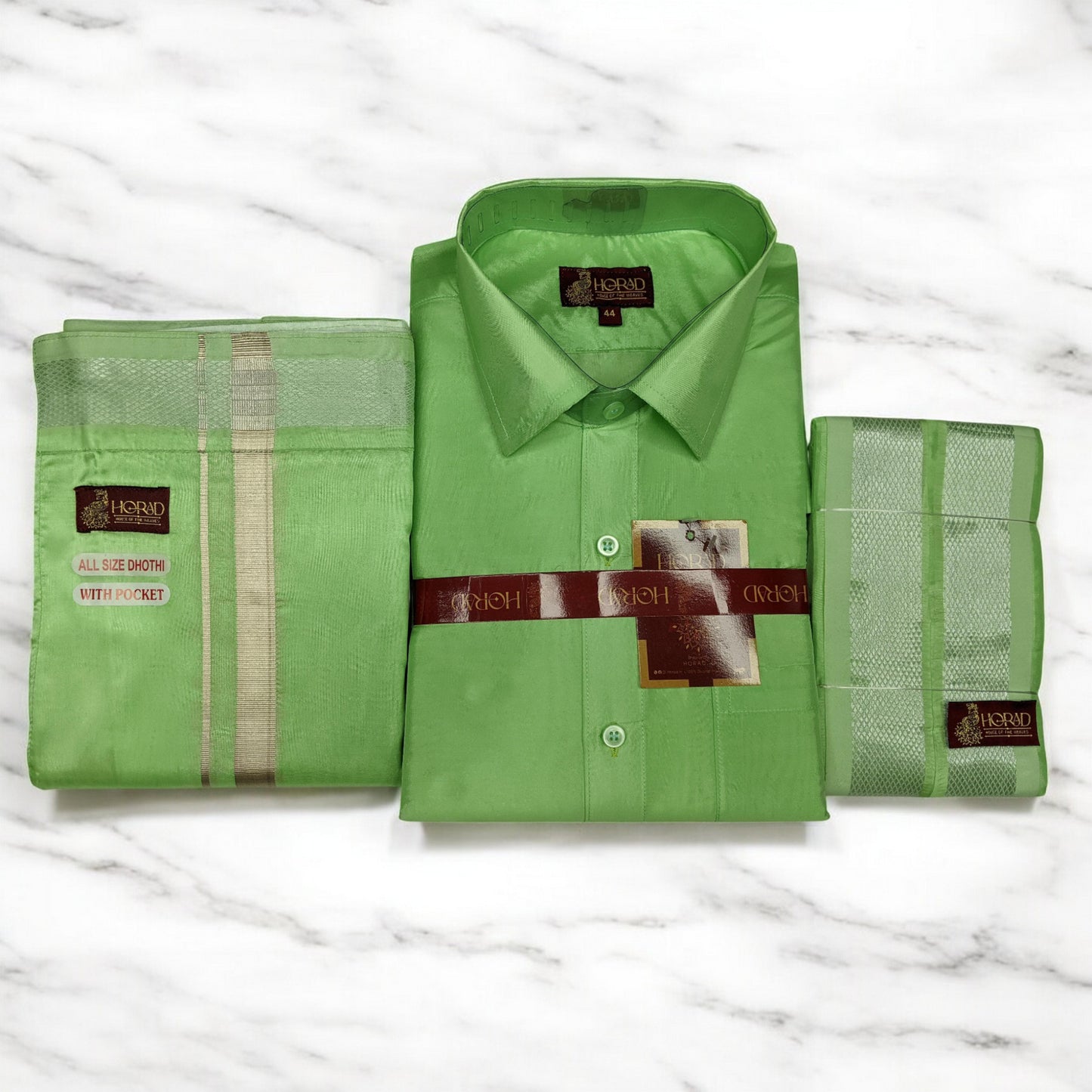 Horad Premium Art Silk Apple Green Shirt + Welcro Dhoti + Angavastram