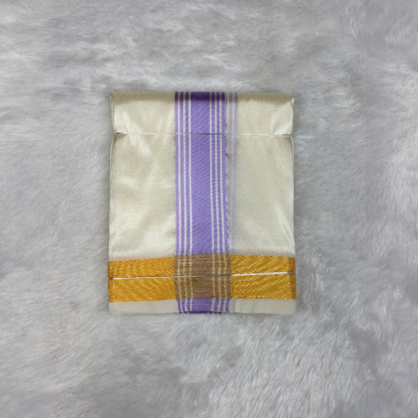 HORAD Premium Art Silk Cream with Lavender+Gold Border Dhoti + Belt