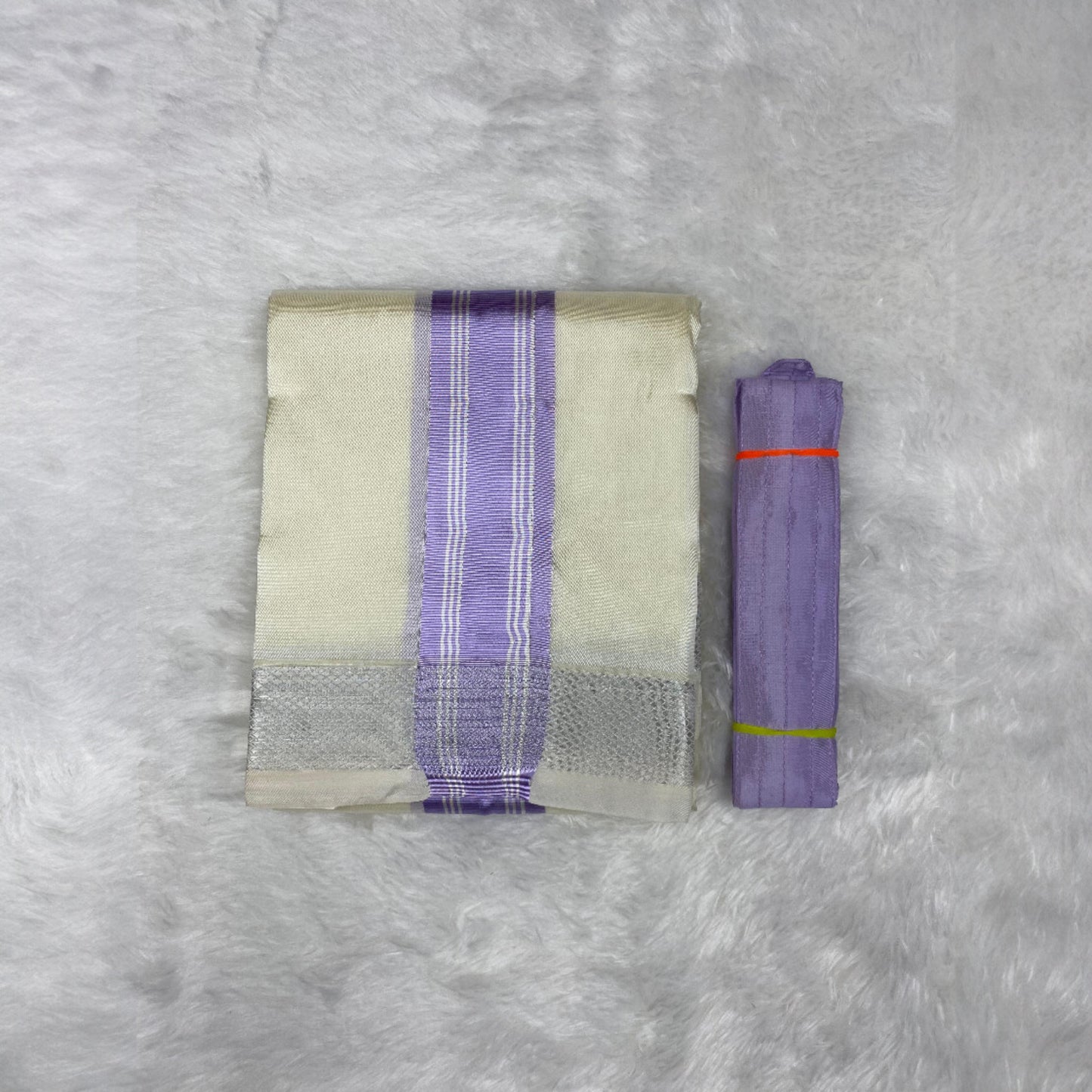 HORAD Premium Art Silk Cream with Lavender+Silver Border Dhoti + Belt