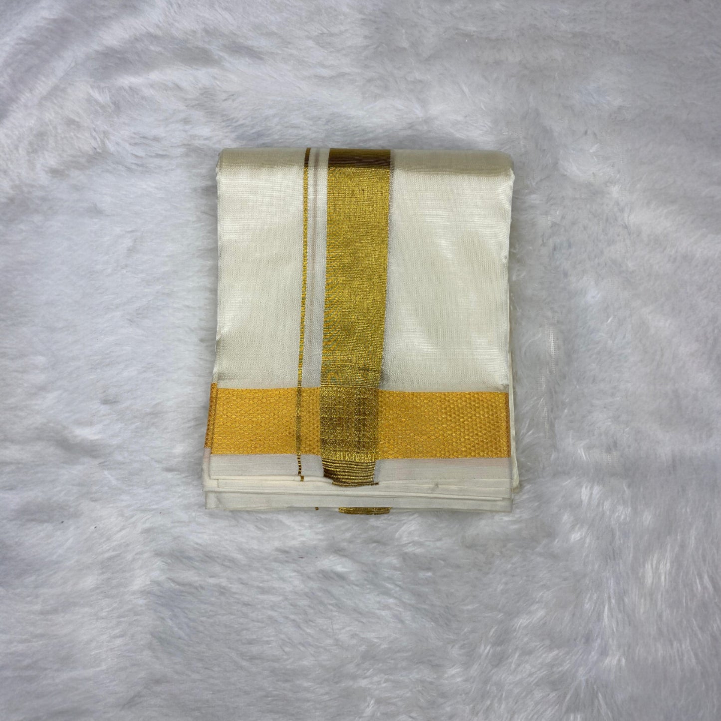 HORAD Premium Art Silk Cream Shirt Material (3 Meter) + (9X5) Dhoti + Angavastram