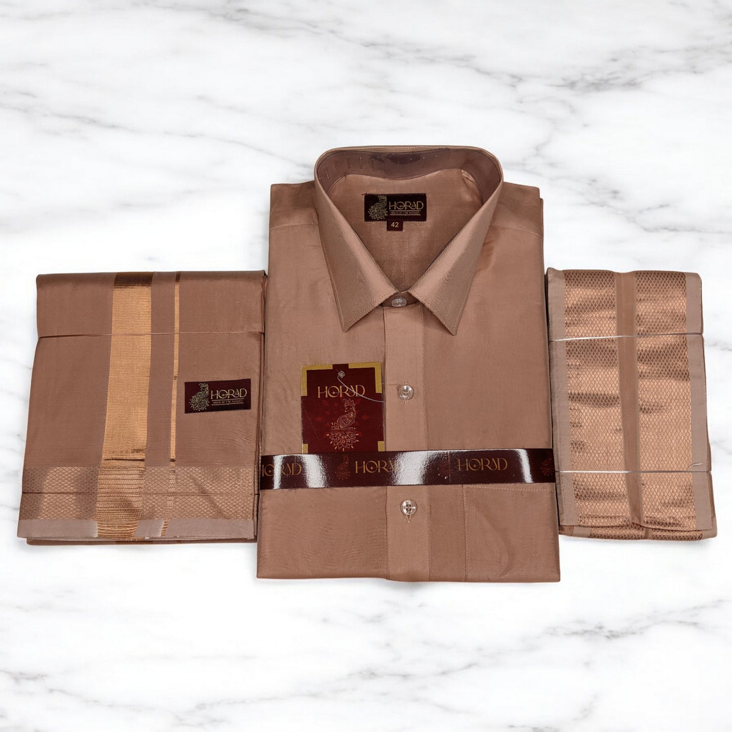 Horad Premium Art Silk Copper Shirt + Dhoti + Angavastram