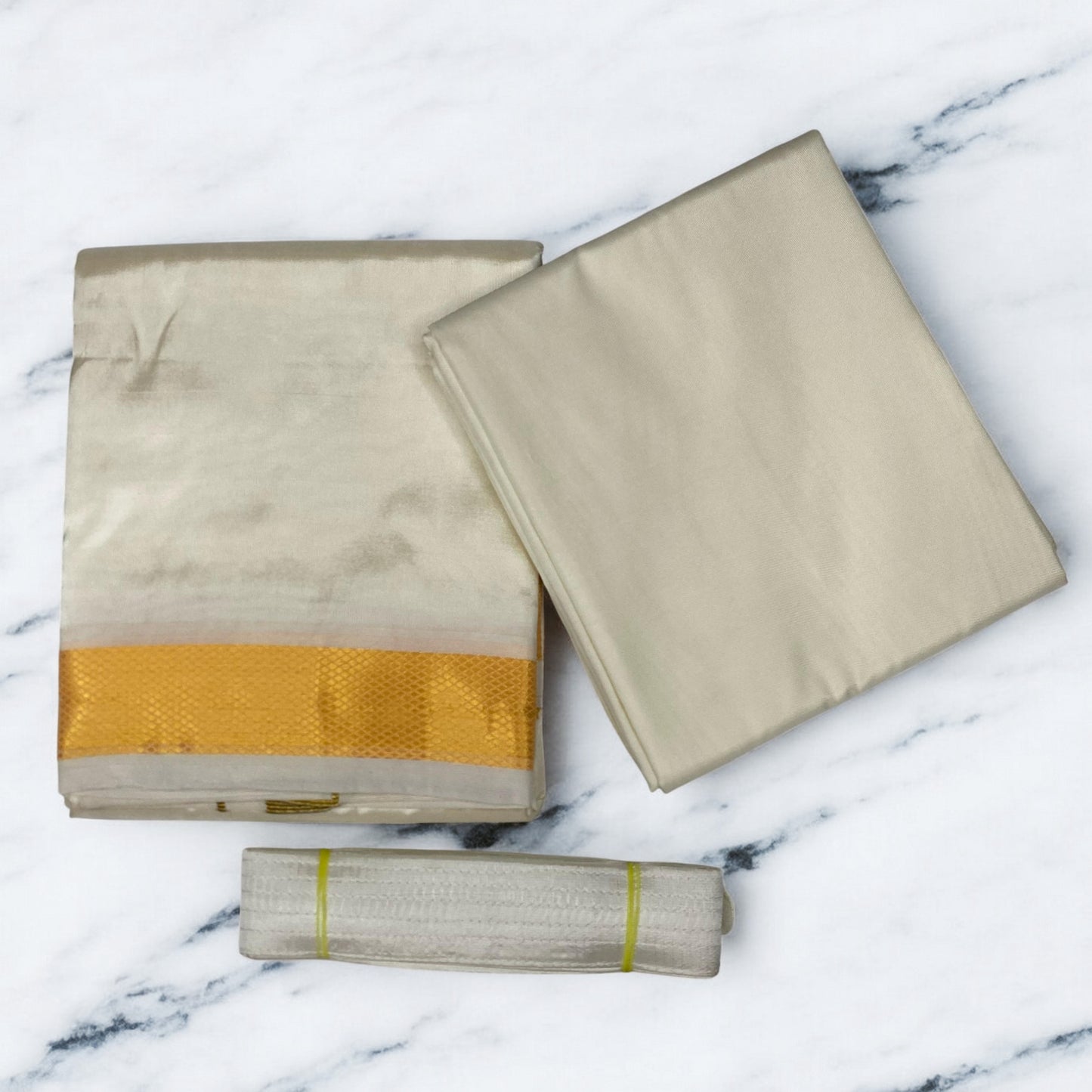 HORAD Premium Art Silk Cream Gold Zari Dhoti with Cream Shirt Material + Belt