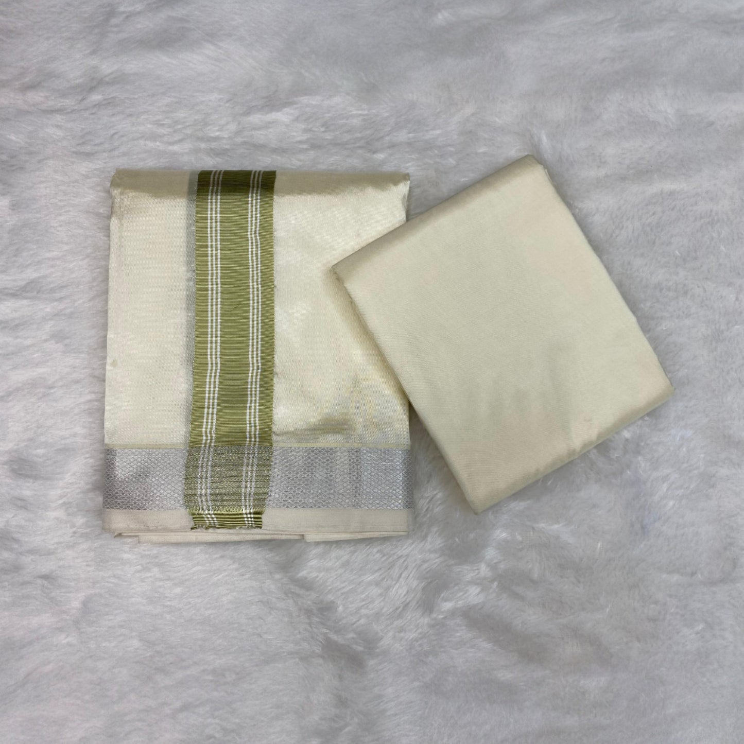 HORAD Premium Art Silk Cream with FIR.Green+Silver Border Dhoti with Cream Shirt Material