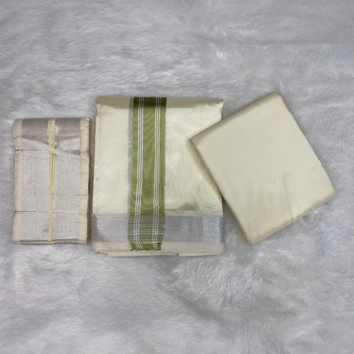 HORAD Premium Art Silk Cream with FIR.Green+Silver Border Dhoti with Cream Shirt Material + Angavastram
