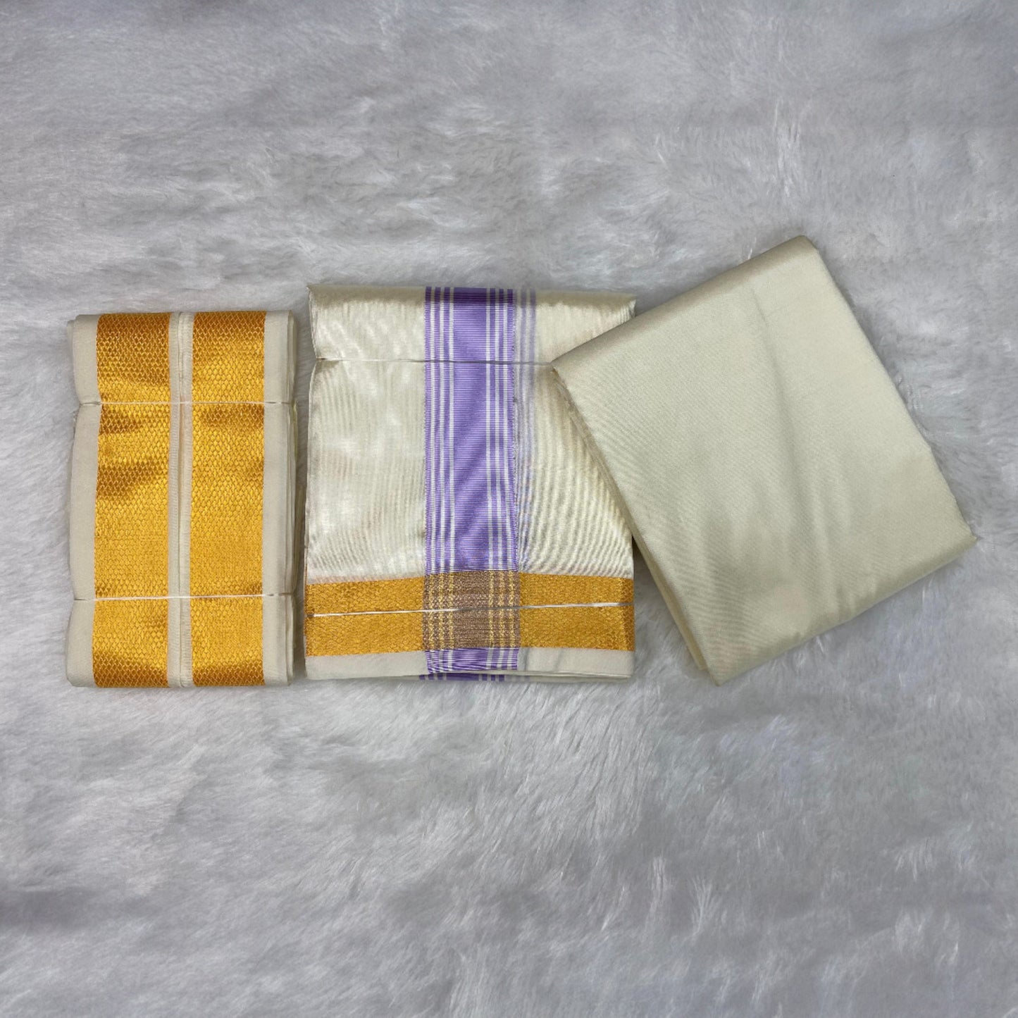 HORAD Premium Art Silk Cream with Lavender+Gold Border Dhoti with Cream Shirt Material + Angavastram