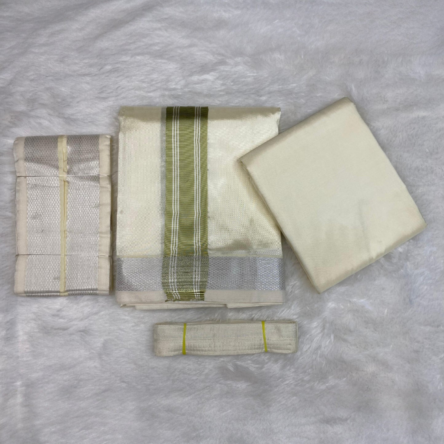 HORAD Premium Art Silk Cream with FIR.Green+Silver Border Dhoti with Cream Shirt Material + Angavastram + Belt