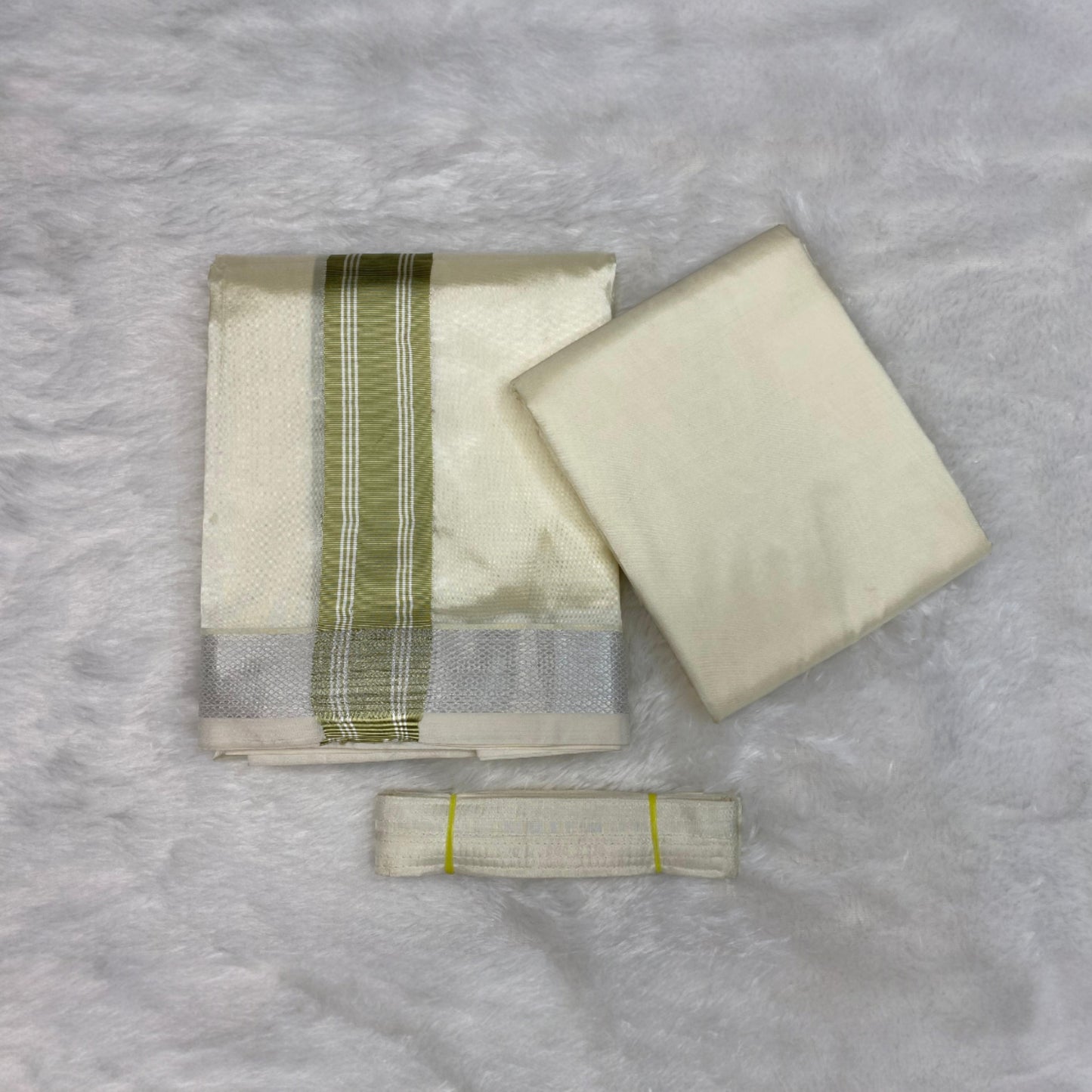 HORAD Premium Art Silk Cream with FIR.Green+Silver Border Dhoti with Cream Shirt Material + Belt