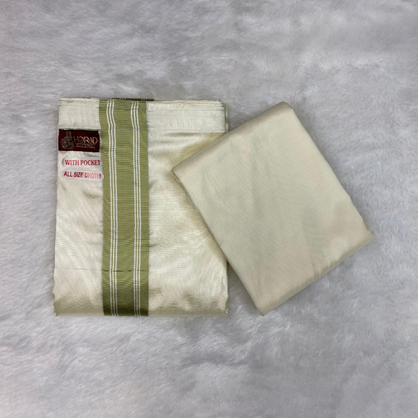 HORAD Premium Art Silk Cream with FIR.Green+Silver Border Welcro Dhoti with Cream Shirt Material