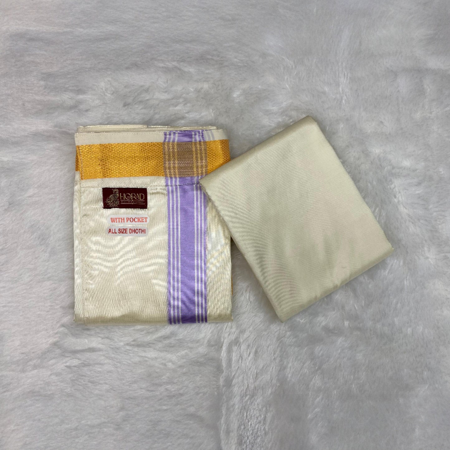 HORAD Premium Art Silk Cream with Lavender+Gold Border Welcro Dhoti with Cream Shirt Material