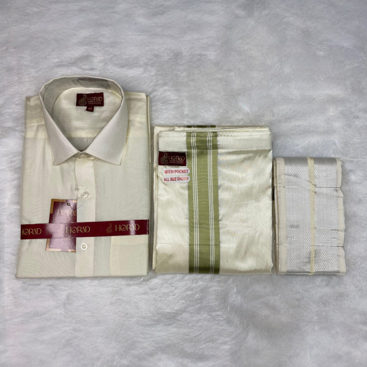 Horad Premium Art Silk Cream Shirt + Cream with FIR.Green+Silver Border Welcro Dhoti + Angavastram