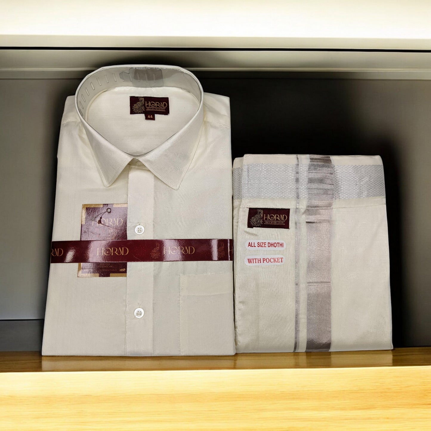 Horad Premium Art Silk Cream Shirt + Silver Zari Welcro Dhoti