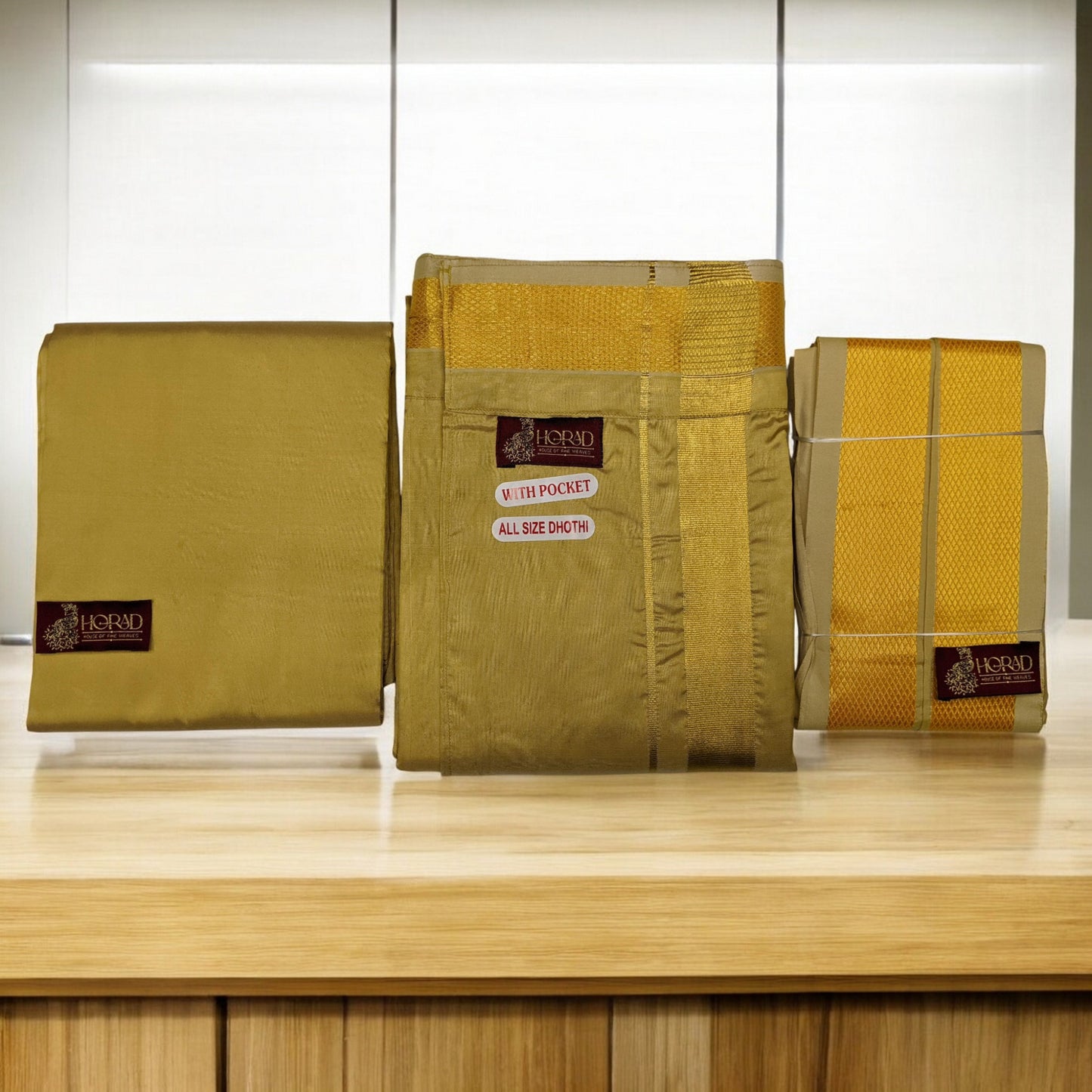 HORAD Premium Art Silk Dark Gold Welcro Dhoti with Shirt Material + Angavastram