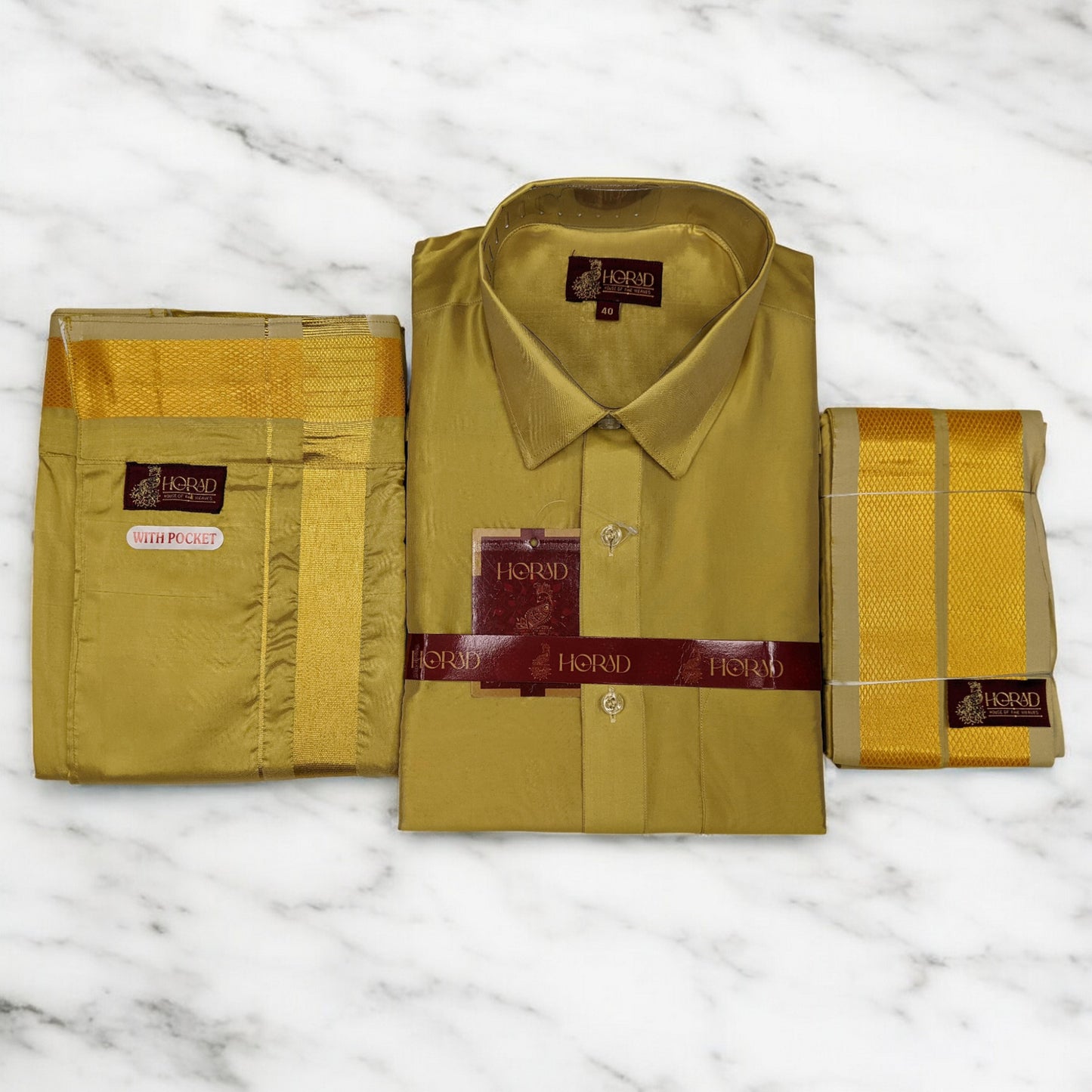 Horad Premium Art Silk Dark Gold Shirt + Welcro Dhoti + Angavastram