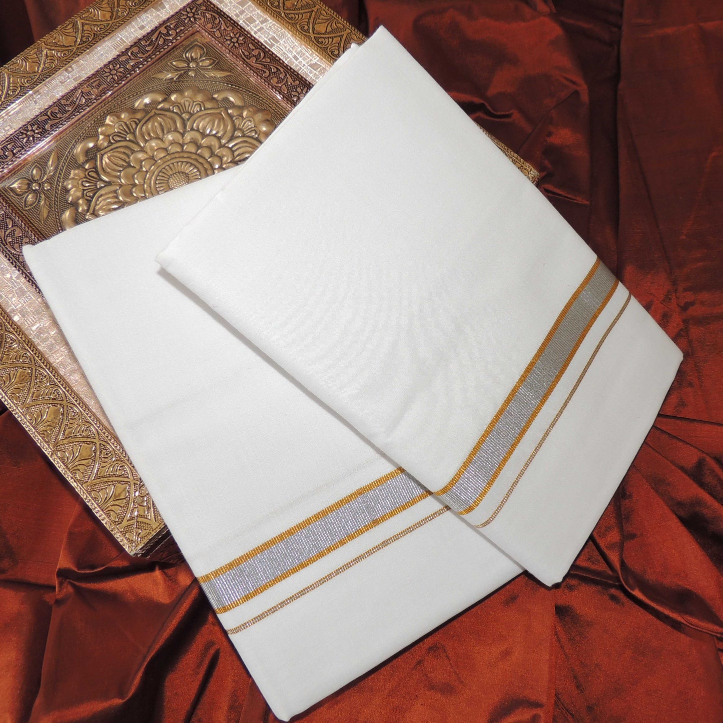 Horad Pure Cotton Pack of 2 Silver And Gold Zari 0.25" Dhoties