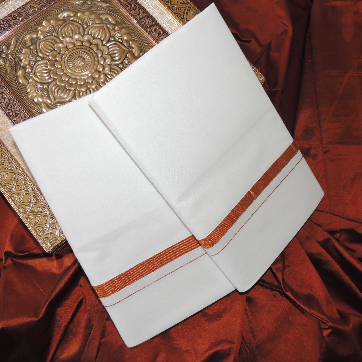 Horad Pure Cotton Pack of 2 Copper Zari 0.25" Dhoties