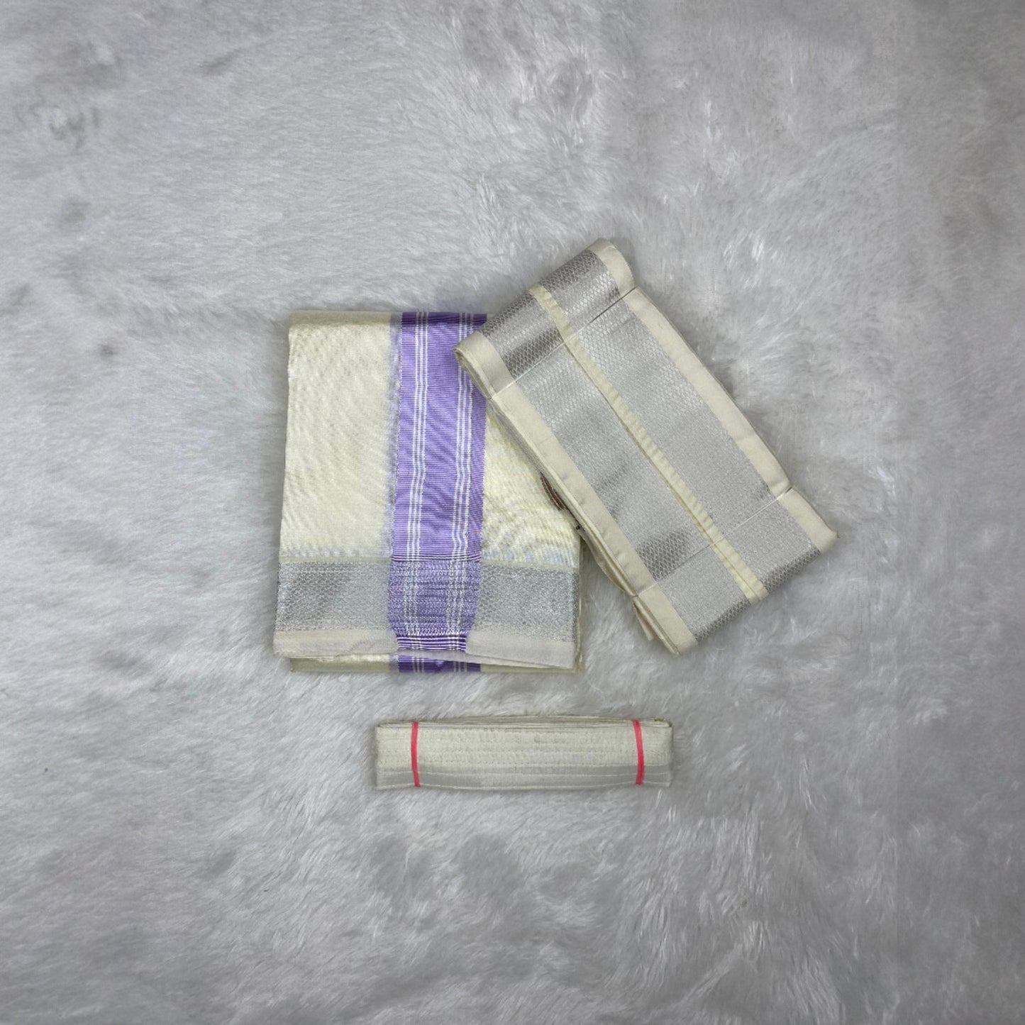 HORAD Premium Art Silk cream with Lavender+Silver Border Dhoti + Angavastram + Belt