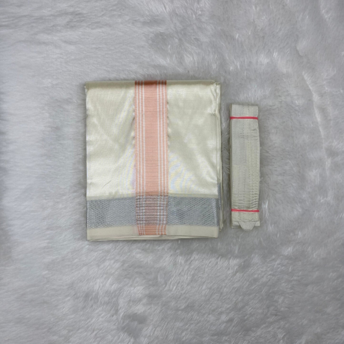 HORAD Premium Art Silk Cream with Rose Gold+Silver Border Dhoti + Belt