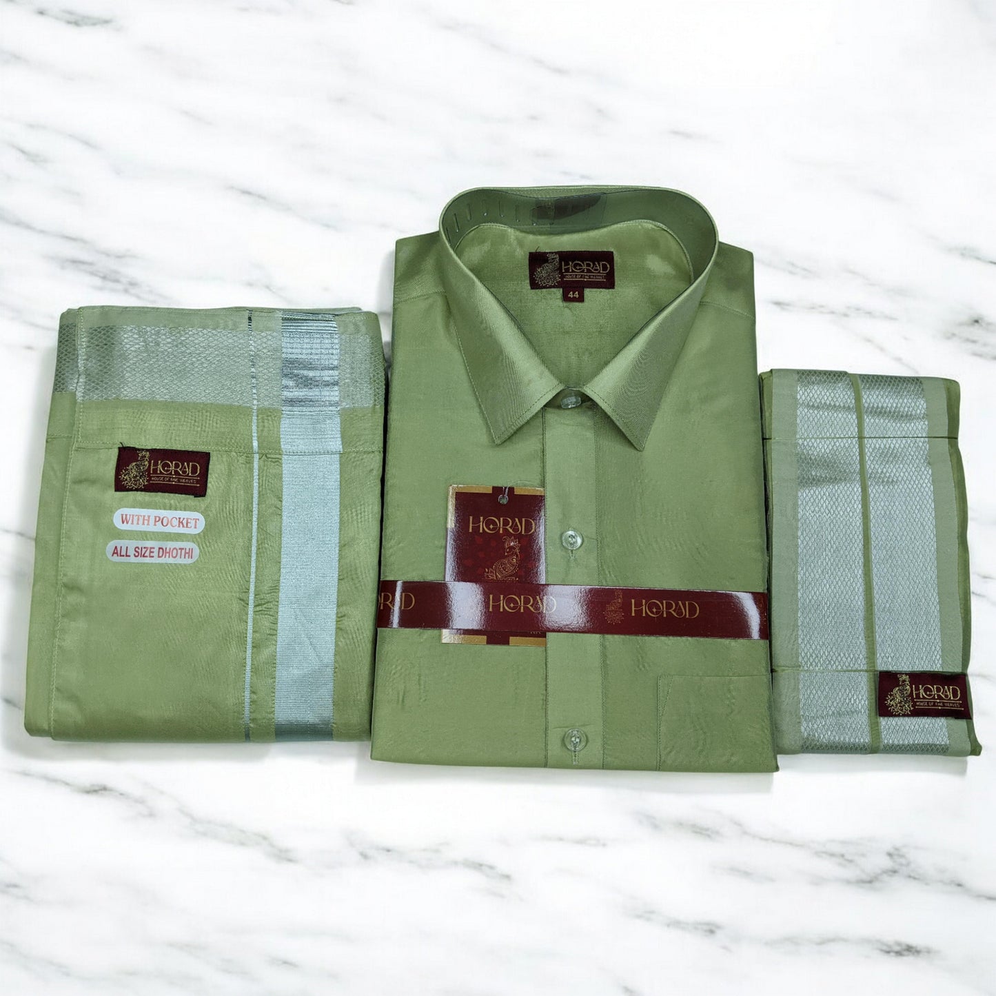 Horad Premium Art Silk FIR.Green Shirt + Welcro Dhoti + Angavastram